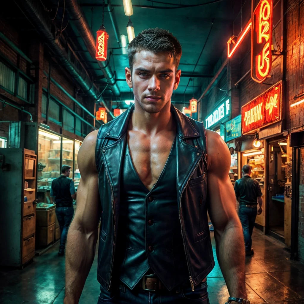 Neon noir  handsome male with a perfect face, intricate details, wearing a leather vest, working in a factory, vivid colors, warm atmosphere, summer, broad daylight,  . Cyberpunk, dark, rainy streets, neon signs, high contrast, low light, vibrant, highly detailed