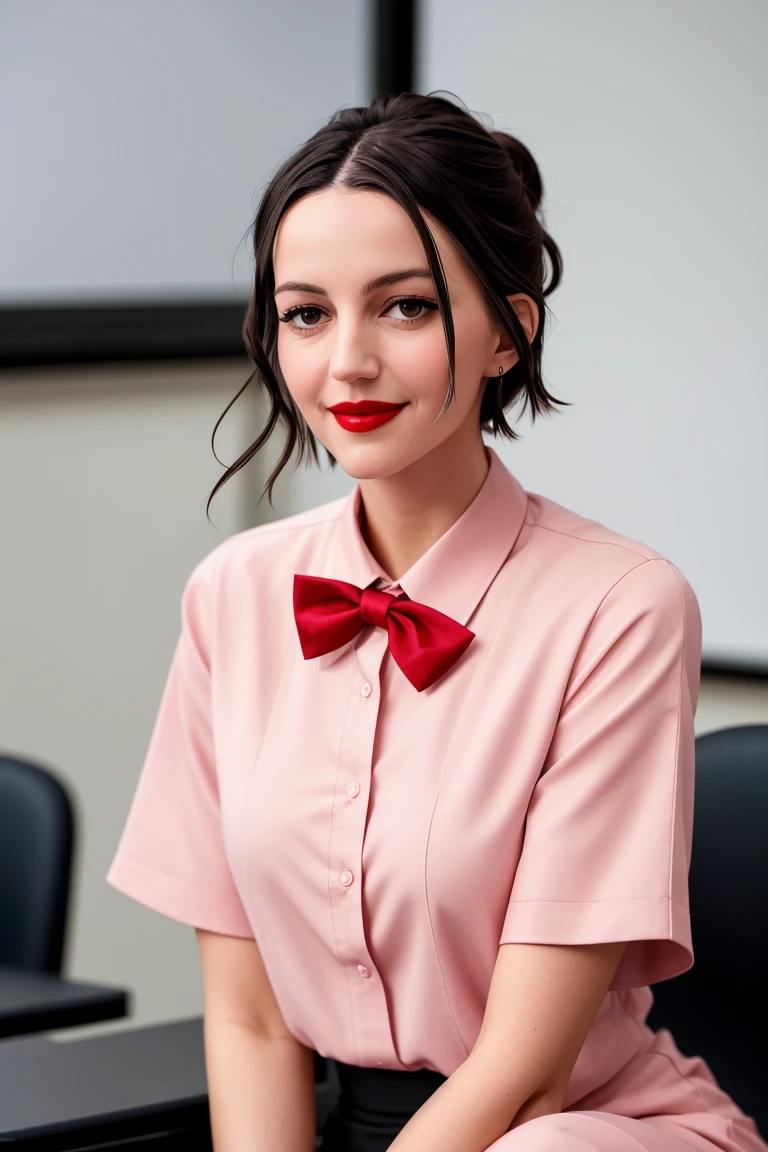 ellahunt,  , photo of a woman, ,photo of a woman, RAW,  close portrait photo, ((bowtie, shirt)),((short hair)), ((classroom, sitting)), slim body, ((detailed skin, detailed face):1.2), ((detailed eyes, beautiful eyes)), 8k uhd, dslr, soft lighting, high quality, film grain, Fujifilm XT3 sharp focus, f 5.6,((red lipstick, blush)) , smiling