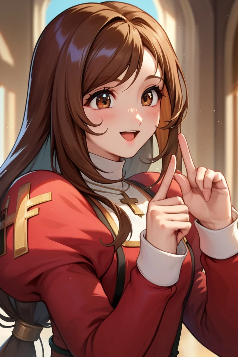 score_9, score_8_up, score_7_up, very aesthetic, source_anime, detailed, high quality, beautiful, masterpiece, detailed eyes,
blurry background, simple background,
<lora:lightXL:0.8>
cowboy shot, upper body,
smile, open mouth, index fingers together, looking away, fidgeting, blush,
<lora:ericaF_autismConfetti_v03:0.95>
erica fontaine, 1girl, brown hair, brown eyes, long hair, (bangs), low tied hair, bangs, sidelocks, red dress, puffy sleeves, long sleeves, brown boots, long dress,, zPDXL