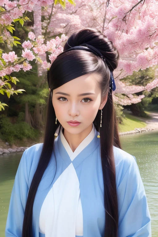 ltra-detailed,highly detailed,best quality,masterpiece,illustration,realistic,photorealistic,
sanshengmu, hanfu,
1girl, solo,
traditional clothes, chinese clothes, china dress,
very long hair, hair bun, bangs, earrings,
upper body, looking at viewer,
outdoors, nature, tree, cherry blossoms, falling petals, river, water, flower, grass,
<lora:sanshengmu_v1_04:0.7>