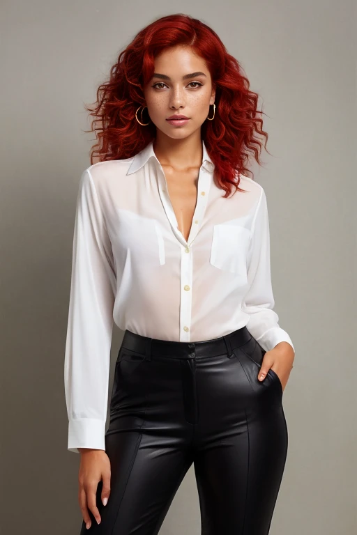 masterpiece,best quality,ultra_detailed,<lora:Elegant++SD_merged:1>bellissima , armani style, 1girl, solo, cowboy shot, a woman wearing a white collared shirt , black pants, very short hair, red hair , bandana, freckles,