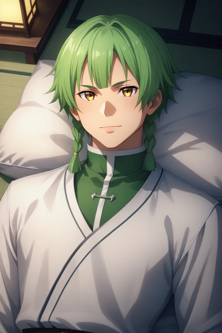 score_9, score_8_up, score_7_up, source_anime, rating_safe, intricate details, (realistic:0.6), looking at viewer, , 1boy, solo, male focus, <lora:renly_sao_pony:0.78>, renly_sao, green hair, yellow eyes, short hair, braid, bangs, twin braids, sidelocks, from above, east asian architecture, night, crescent moon, lying, on back, seductive smile, , <lora:sdxl_lightning_8step_lora:1>