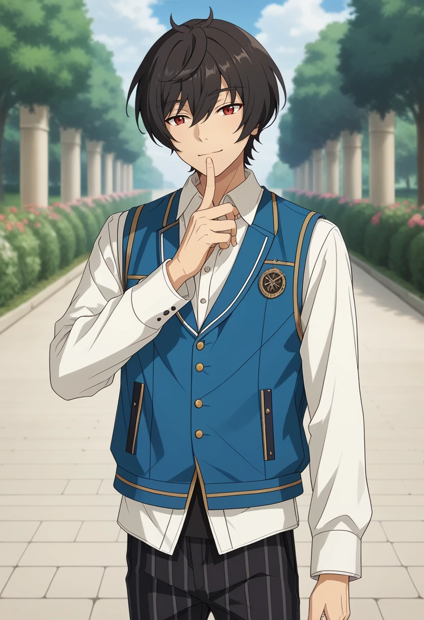 score_9, score_8_up, score_7_up, masterpiece, best quality, cute, male focus, solo, Ritsu Sakuma, black hair, red eyes, white jacket, blue vest, striped pants<lora:EMS-364769-EMS:1.000000>