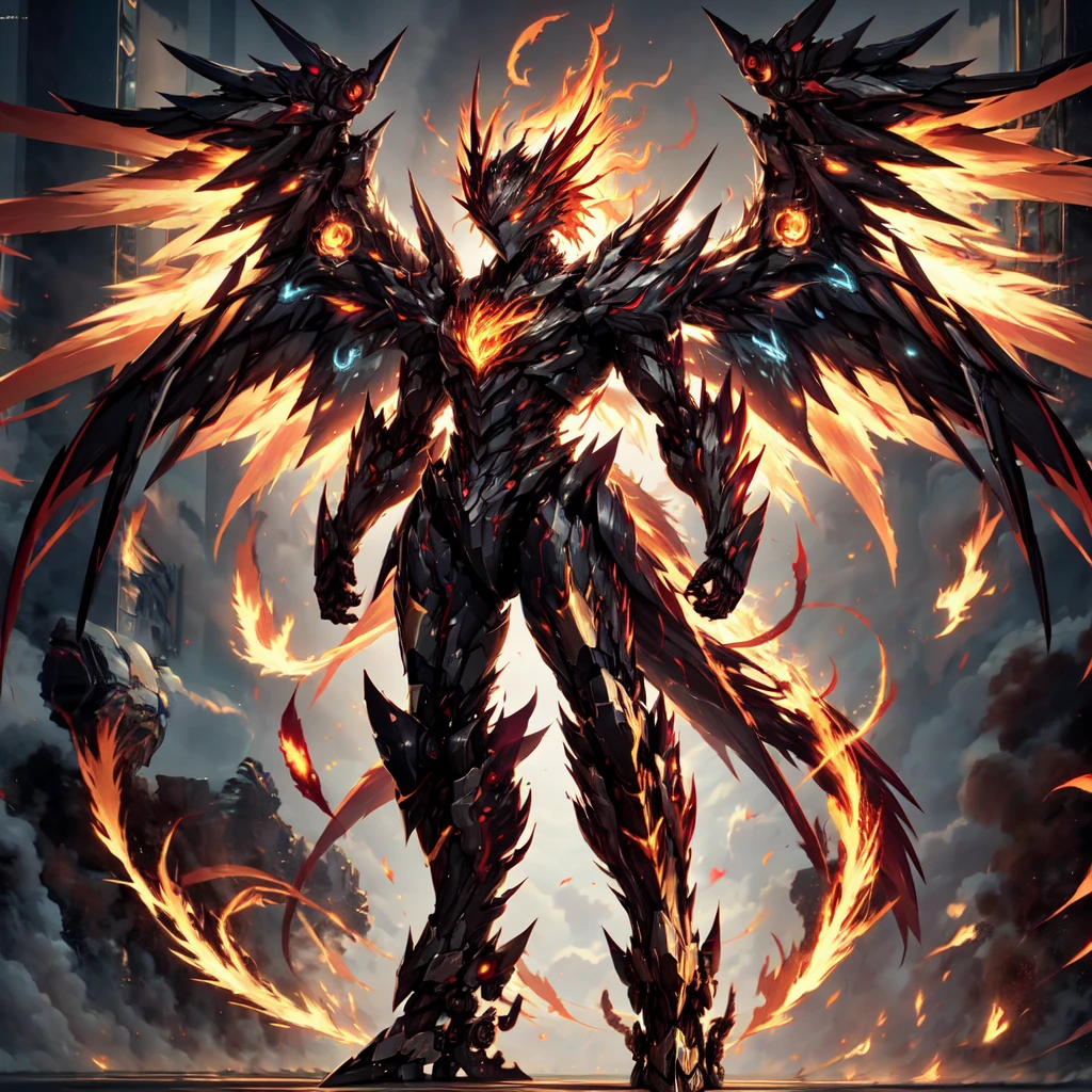 ((best quality)), absurdres, ((ultra high res)), mecha with wings, large wings, flame, standing, dramatic lighting, extremely detailed, <lora:mecha:0.65>