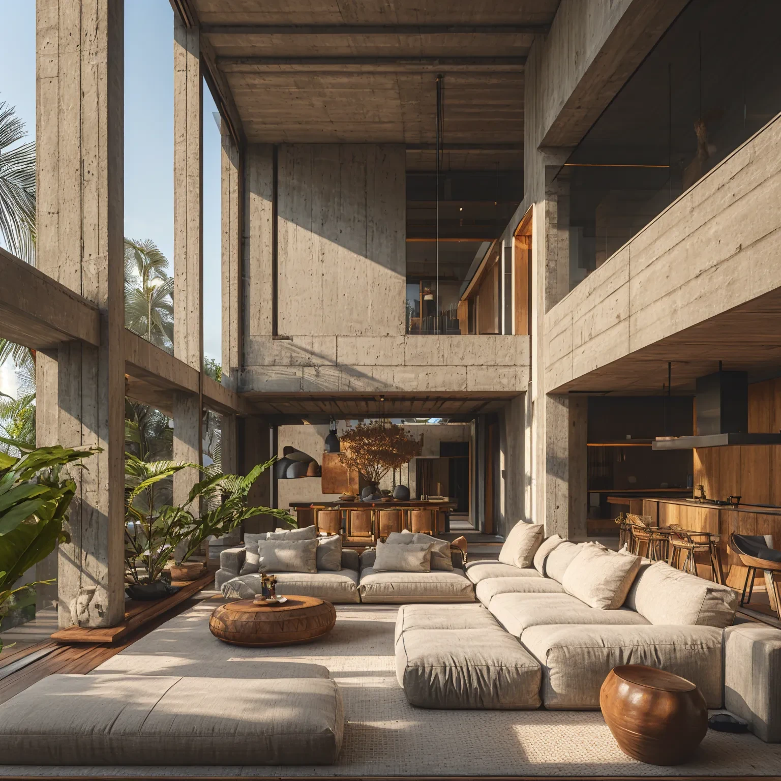 photo, interior, living room, tropical brutalism, sofa, aggregate concrete wall, aggregate concrete floor, potted plant, tall window, day light, warm light, wide angle, atrium, open plan <lora:AIDVN_tropical_brutalism_interior:0.8>