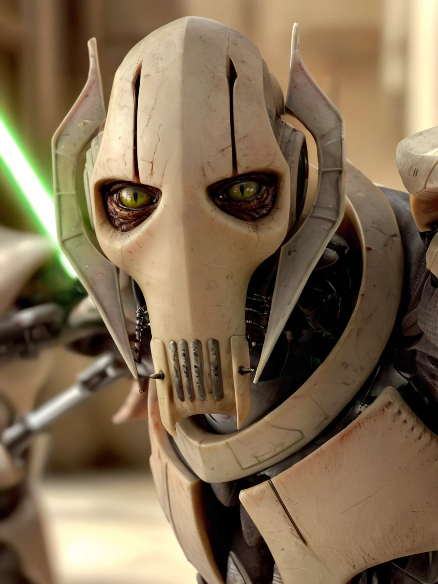 <lora:XL-char_starwars_[GeneralGrievous]-v1-000012-R32:0.8> (GeneralGrievous, cyborg, alien, mask, reptilian eyes, slit pupils:1.3), robot science fiction, (masterpiece, top quality, best quality, detailed scenery background, official art, beautiful and aesthetic, extremely detailed, best quality, absurdres:1.3), (detailed natural lighting, depth of field:1.3) (hyperrealistic:1.5), vivid 16k colorful hdr, highest detailed, holding weapon, (four arms with glowing lightsabers:1.2), (attacking, swinging laser swords:1.3)
