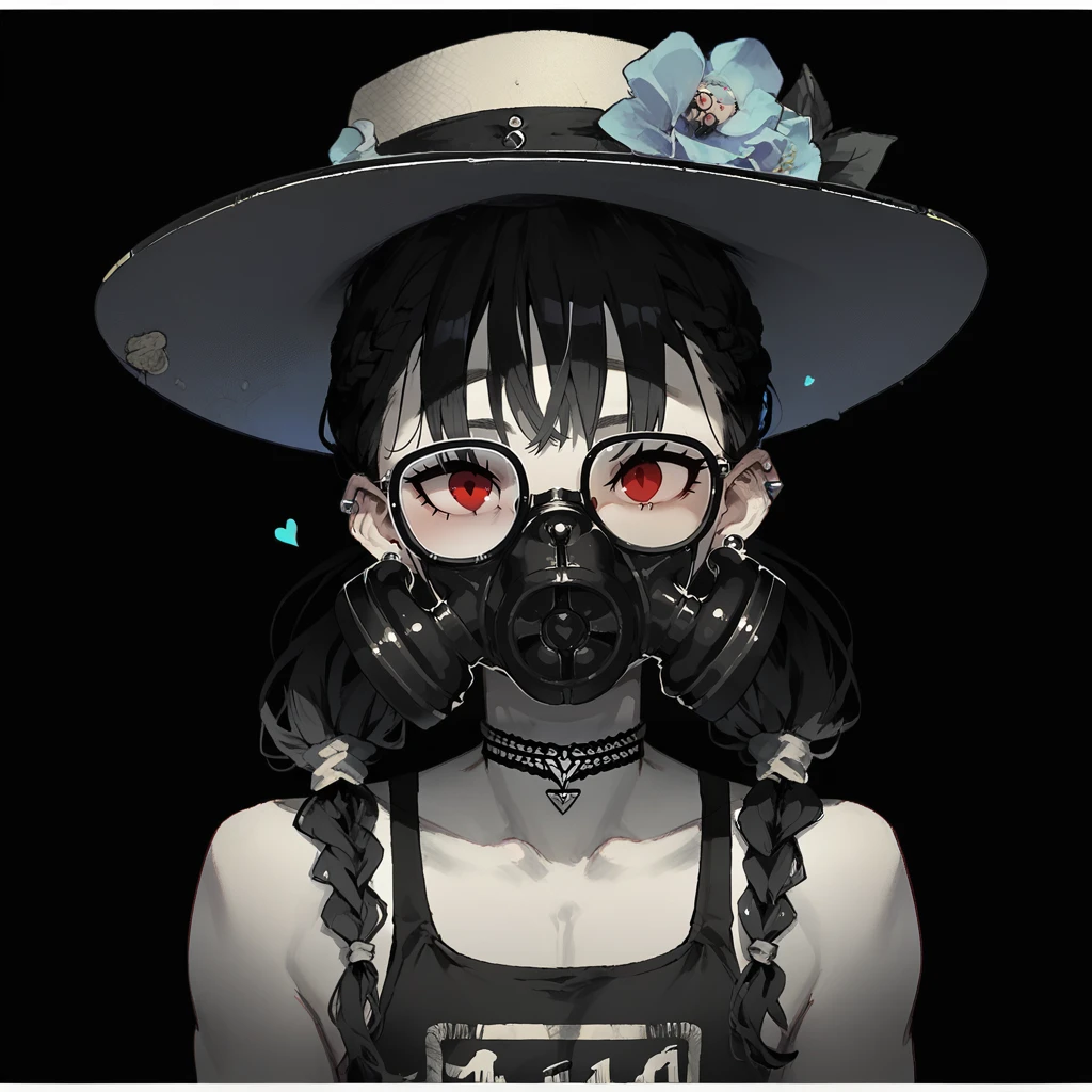 PonyXLV6_Scores, 1girl, animal, black background, black gloves, black hair, blue flower, border, braid, choker, ear piercing, fangs, gas mask, glasses, guitar, hat removed, heart, jewelry, long hair, looking at viewer, male focus, monochrome, open mouth, portrait, red eyes, ring, simple background, solo, swimsuit, twintails, upper body , <lora:VisualkeiPnyXL:1>