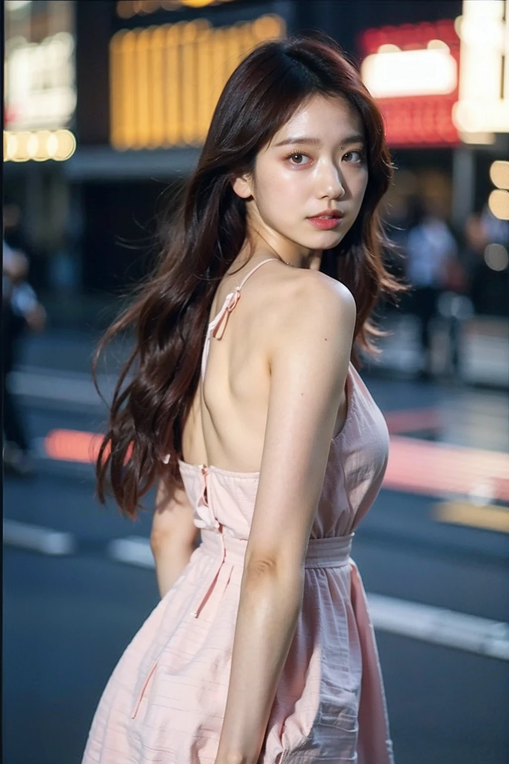 Best quality, masterpiece, ultra high res, (photorealistic), raw photo,1girl, skinny, upper body,solo, realistic, looking at viewer, long hair, bokeh background, city streets,brown eyes, bohemian dress, <lora:makina69_parkshinhye_v1.0:1>