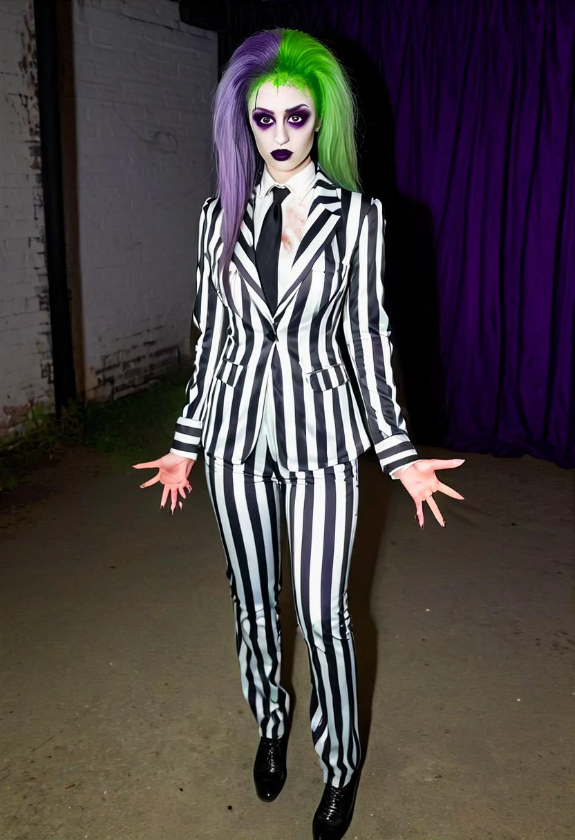 bjzzs, 1girl, female focus, makeup, dirt splotches, underworld vibes, suit, standing, jacket, large breasts, pinstripe pattern, vertical stripes, long sleeves, necktie, two tone hair, long hair, purple hair, dyed bangs, green hair, pants, shirt, striped, formal, prison clothes, poltergeist vibes, beetlejuice beetlejuice beetlejuice, sidelighting, stage presence, indoors, masterpiece, official photography, best poltergeist, best quality