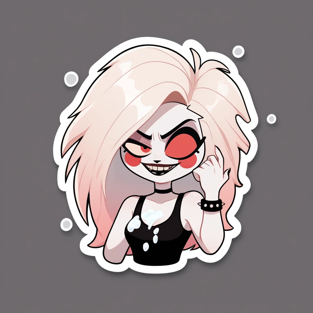 drunken beautiful woman as delirium from sandman, (hallucinating colorful soap bubbles), punk rock, tank girl, high detailed, 8k, HashbinPnyXL PonyXLV6_Scores, twitch emote, chibi, outline, sticker, <lora:NijiEmotePDXL:1>