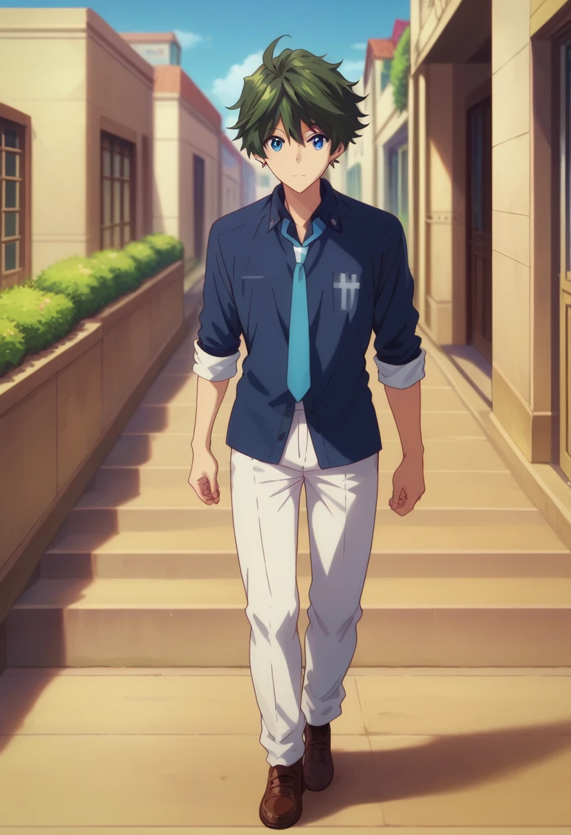 score_9, score_8_up, score_7_up, masterpiece, best quality, amazing quality, best aesthetic, ,absurdres, solo, HARUHIKO_ICHIJO GREEN HAIR BLUE EYES, SCHOOL UNIFORM blue NECKTIE Blue shirt, white pants, brown shoes, sleeves rolled up<lora:EMS-365520-EMS:1.000000>