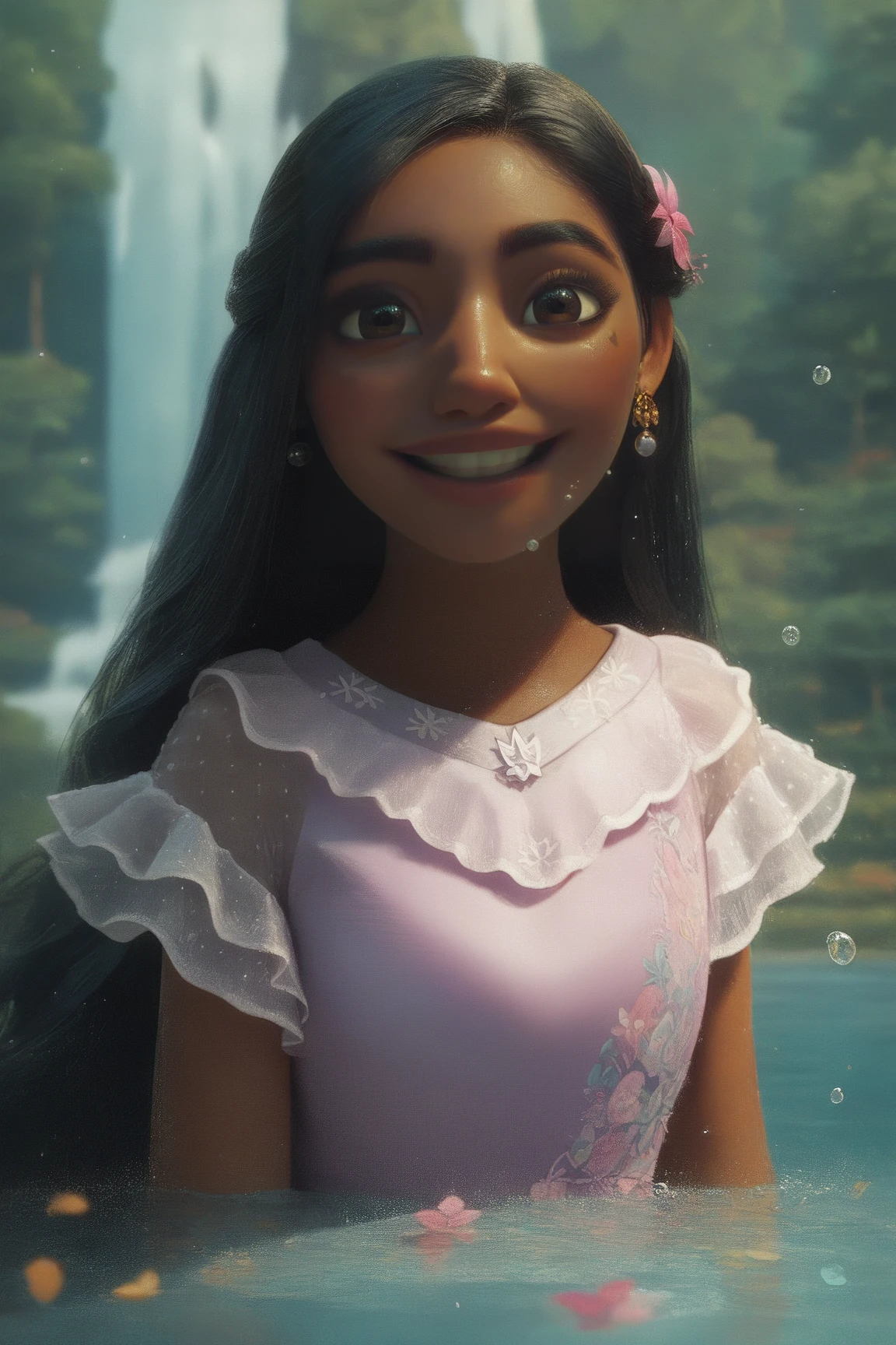 (source_anime, score_9, score_8_up, score_7_up:1), IsabelaMadrigal, 1girl, (masterpiece, best quality:1.2), (depth of field:1.1), pink dress, happy, at the mountains, waterfall, trees, water droplets,, masterpiece, highness, perfect face, perfect picture, detailed eyes ,sharp focus<lora:EMS-359458-EMS:0.800000>, <lora:EMS-355038-EMS:0.500000>, <lora:EMS-365467-EMS:0.800000>