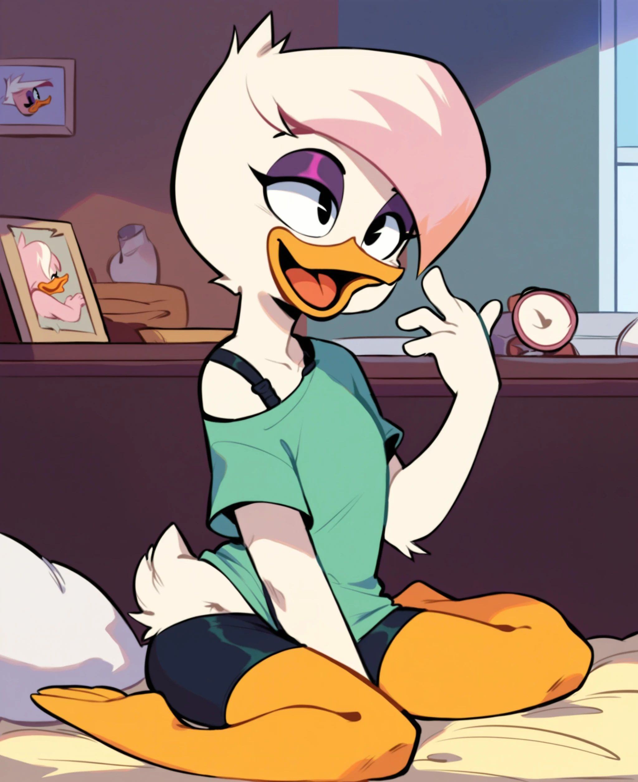 score_9, score_8_up, score_7_up, score_6_up, best quality, highres, source_furry, source_cartoon BREAK
1girl, female, solo, furry, inside, bedroom, duck, beak, lena sabrewing, young, , white skin, white hair, pink highlights, short hair, orange legs, black eyes, purple eyeshadow, green t-shirt, bra strap, off shoulder, bike shorts (hand up) laughing, open smile, tongue <lora:Lena_Sabrewing:1>