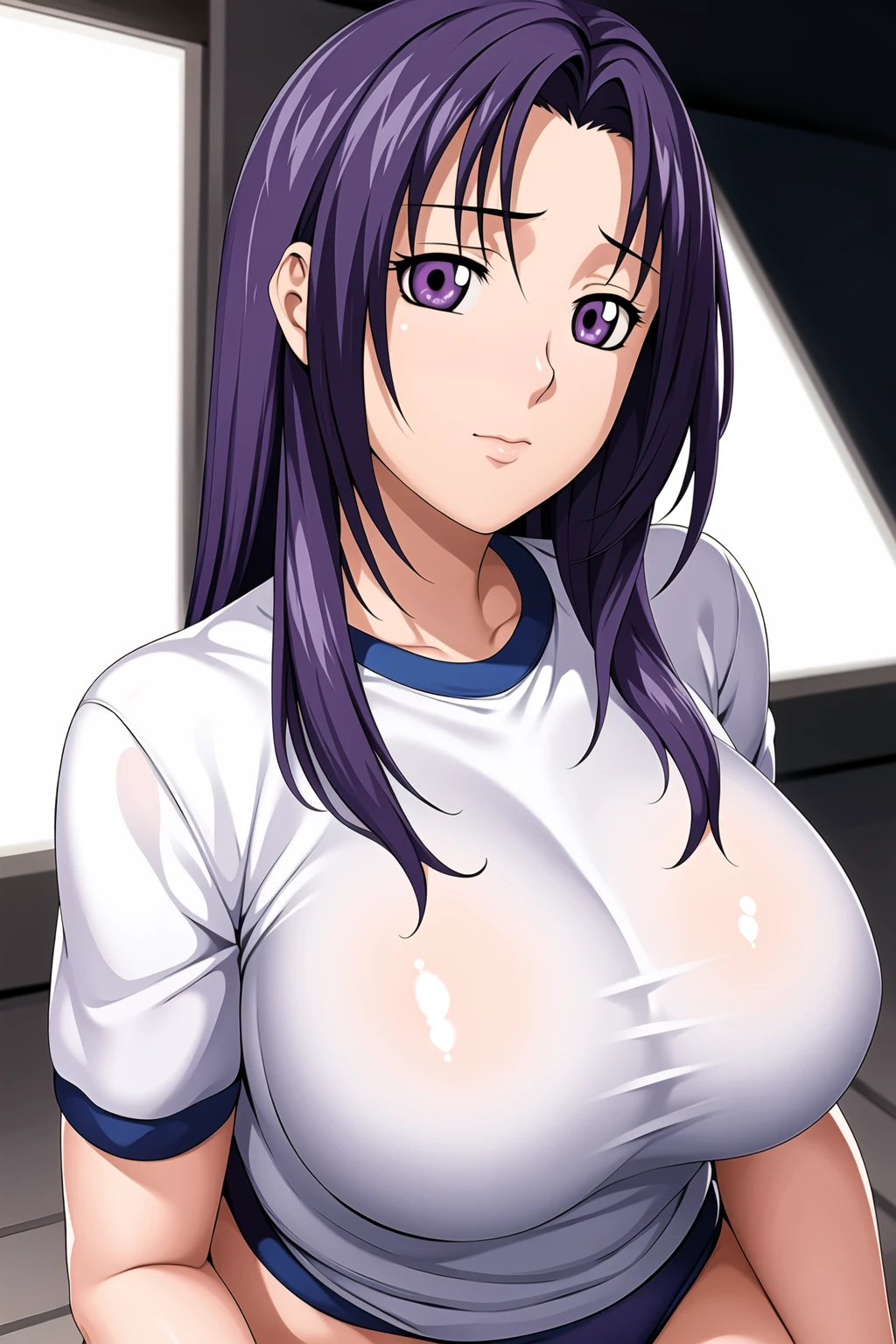 School,
dynamic pose,standing at attention,
blue buruma, short sleeves, buruma, gym shirt, gym uniform,shorts,
<lora:Ren_Mikihara_FMP-KK77-V1:0.7>,
purple eyes, purple hair,bangs,Long hair,
<lora:Oda_Non_Style-KK77-V2:0.3>,<lora:more_details:0.1>,
1 girl, 20yo,Young female,Beautiful long legs,Beautiful body,
Beautiful Nose,Beautiful character design, perfect eyes, perfect face,expressive eyes,perfect balance,
looking at viewer,(Focus on her face),closed mouth, (innocent_big_eyes:1.0),(Light_Smile:0.3),
official art,extremely detailed CG unity 8k wallpaper, perfect lighting,Colorful, Bright_Front_face_Lighting,White skin,
(masterpiece:1.0),(best_quality:1.0), ultra high res,4K,ultra-detailed,
photography, 8K, HDR, highres, absurdres:1.2, Kodak portra 400, film grain, blurry background, bokeh:1.2, lens flare, (vibrant_color:1.2),professional photograph,
(Beautiful,large_Breasts:1.4), (beautiful_face:1.5),(narrow_waist),
