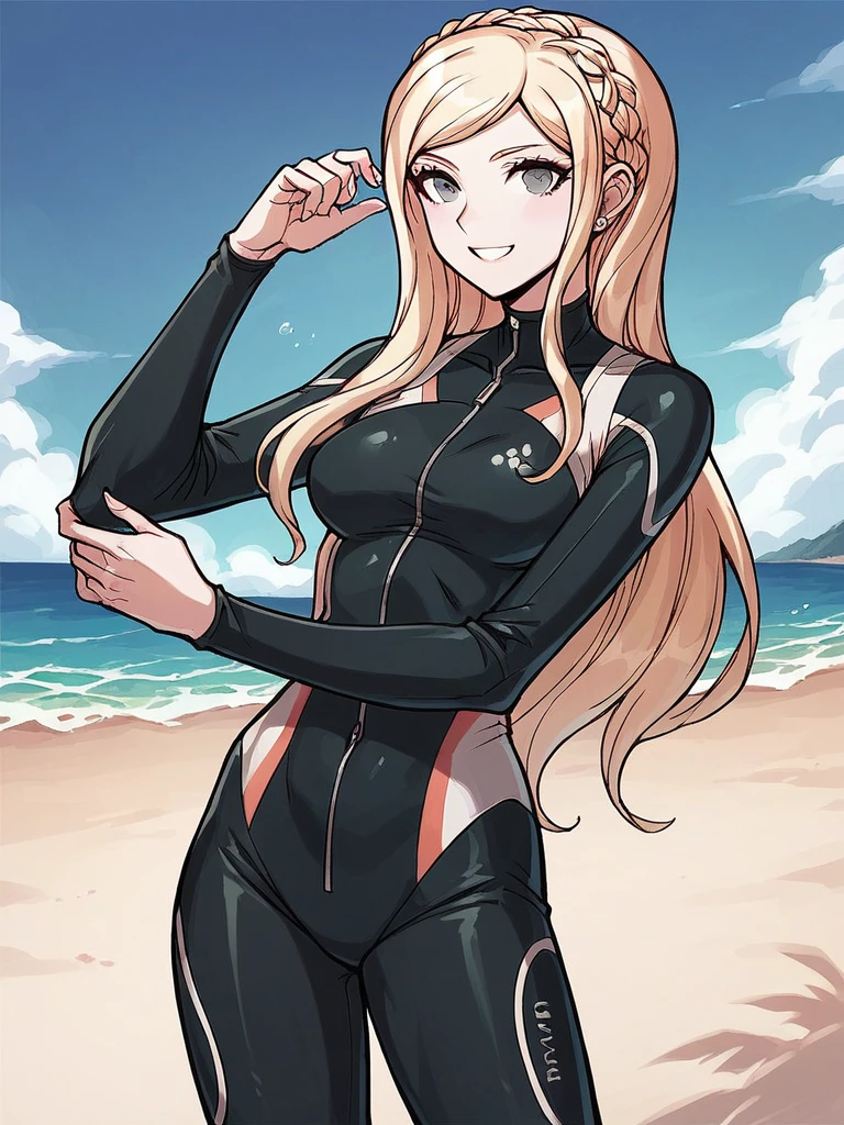 score_9, score_8_up, score_7_up, 1girl, Sonia Nevermind, blonde hair, long hair, crown braid, grey eyes,
smile, wetsuit, black wetsuit, standing, beach, 
