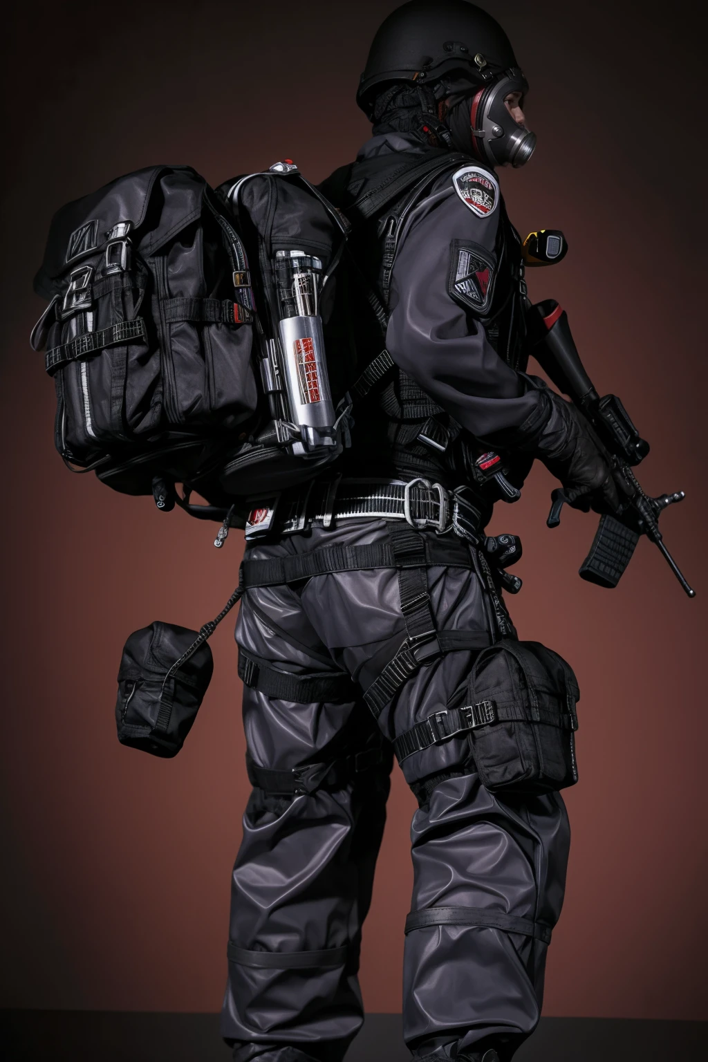 solo,1Girl,full body,red background,standing split,,ruanyi0524,backpack,belt,boots,bulletproof vest,gas mask,helmet,gloves,tactical clothes,<lora:0524 navy tactical uniform_v1:1>, best quality,masterpiece,highres,official art,extremely detailed cg unity 8k wallpaper