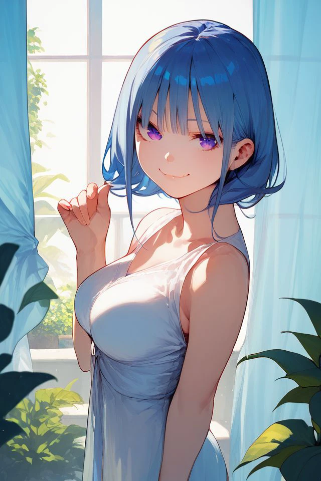 score_9, score_8_up, score_7_up, 1girl, smug, looking at viewer, blue hair, curtain_bangs, purple eyes, medium breasts, beautiful background <lora:Haruba_Negi_PonyXL_style_v01.06.01:1>