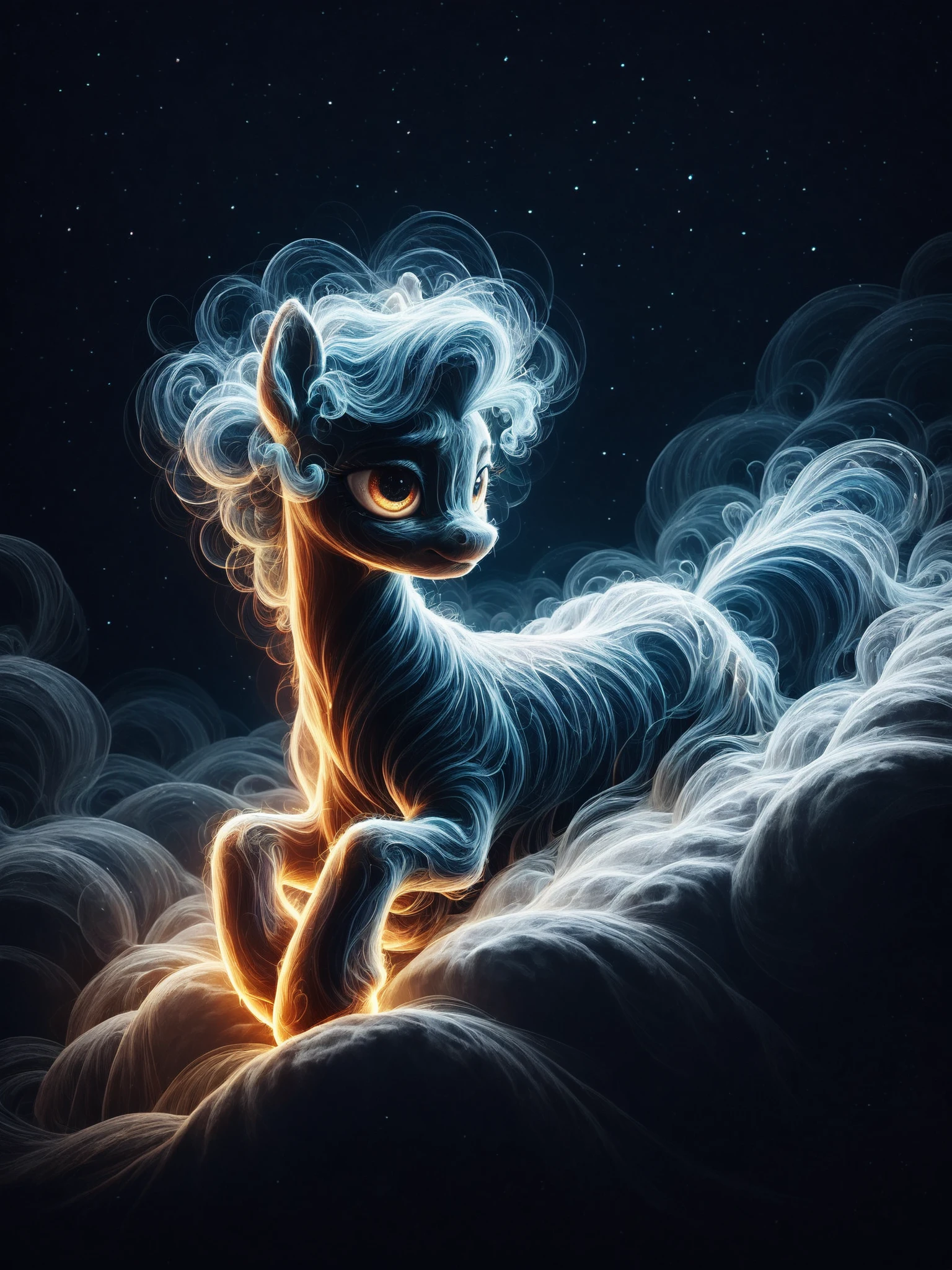 score_9, score_8_up, score_7_up, pony on cloud surrounded by glowing wisps of light, starry night sky, cinematic photo, dramatic lighting <lora:Wisps_of_Light_Pony:0.8>, score_9, score_8_up, score_7_up, cinematic photo, dramatic lighting