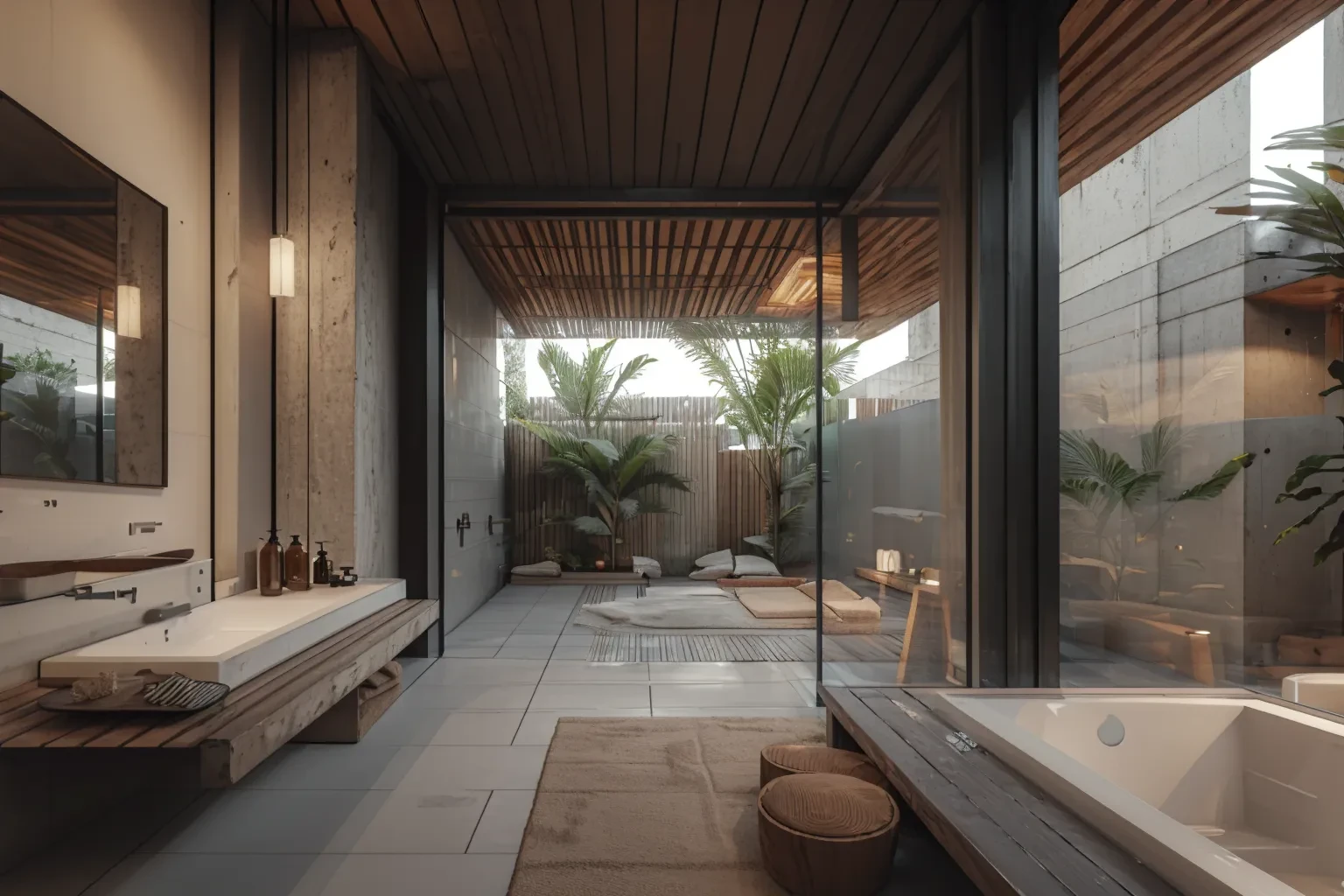 photo, interior, (bathroom:1.2), tropical brutalism, potted plan, large mirror, aggregate concrete wall, wooden furniture, concrete basin, towel, rug, stool, shower, bathtub, natural light, wide angle, window, tiling wall, sink, faucet <lora:AIDVN_tropical_brutalism_interior:0.8>