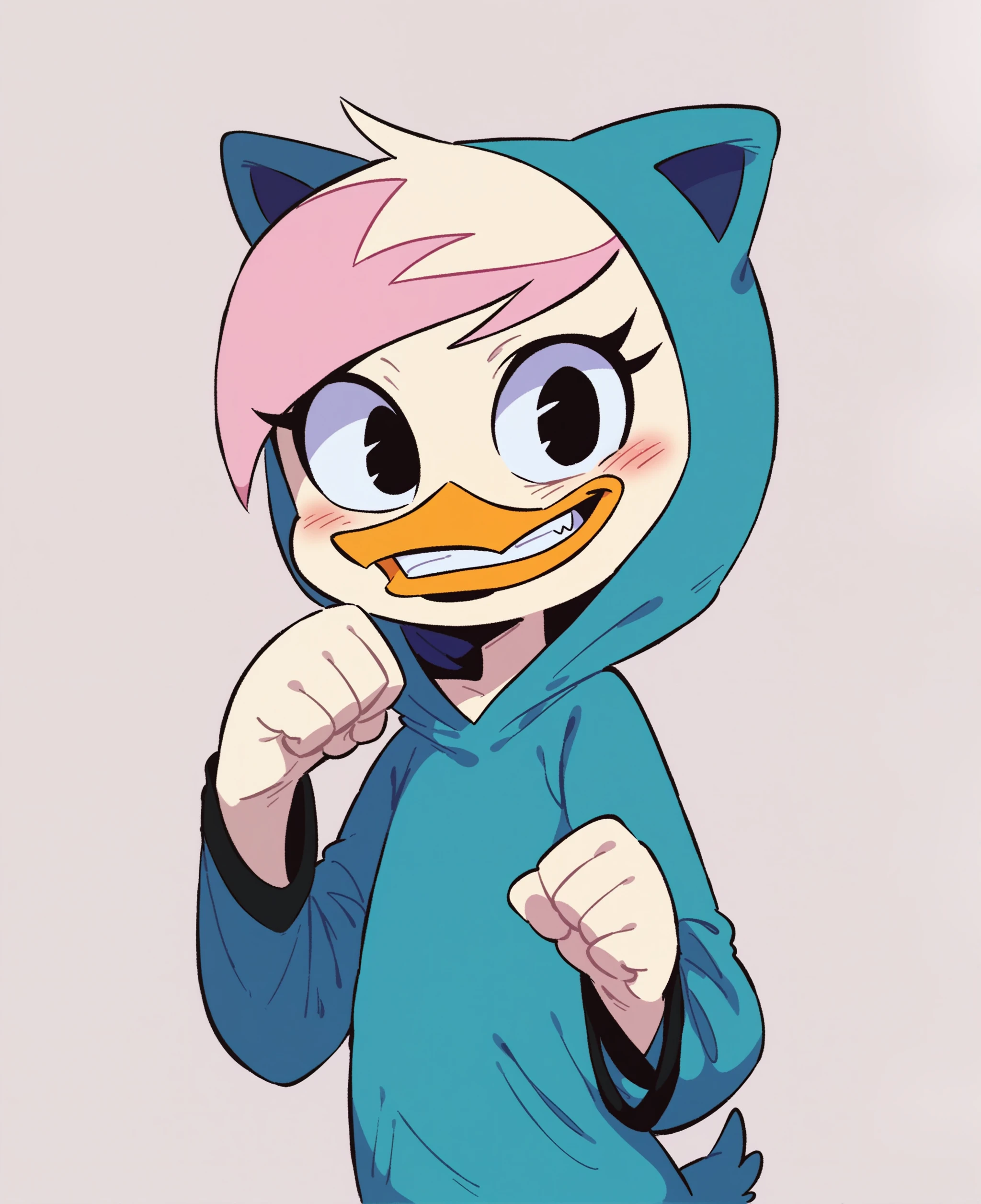 score_9, score_8_up, score_7_up, score_6_up, best quality, highres, source_furry BREAK ppp BREAK
1girl, female, solo, white background, duck, beak, lena sabrewing, young, , white skin, white hair, pink highlights, short hair, glistening eyes, black eyes, blush, happy, looking at viewer, clenched teeth, paw pose, teal cat onesie, fake cat ears <lora:Lena_Sabrewing:1>