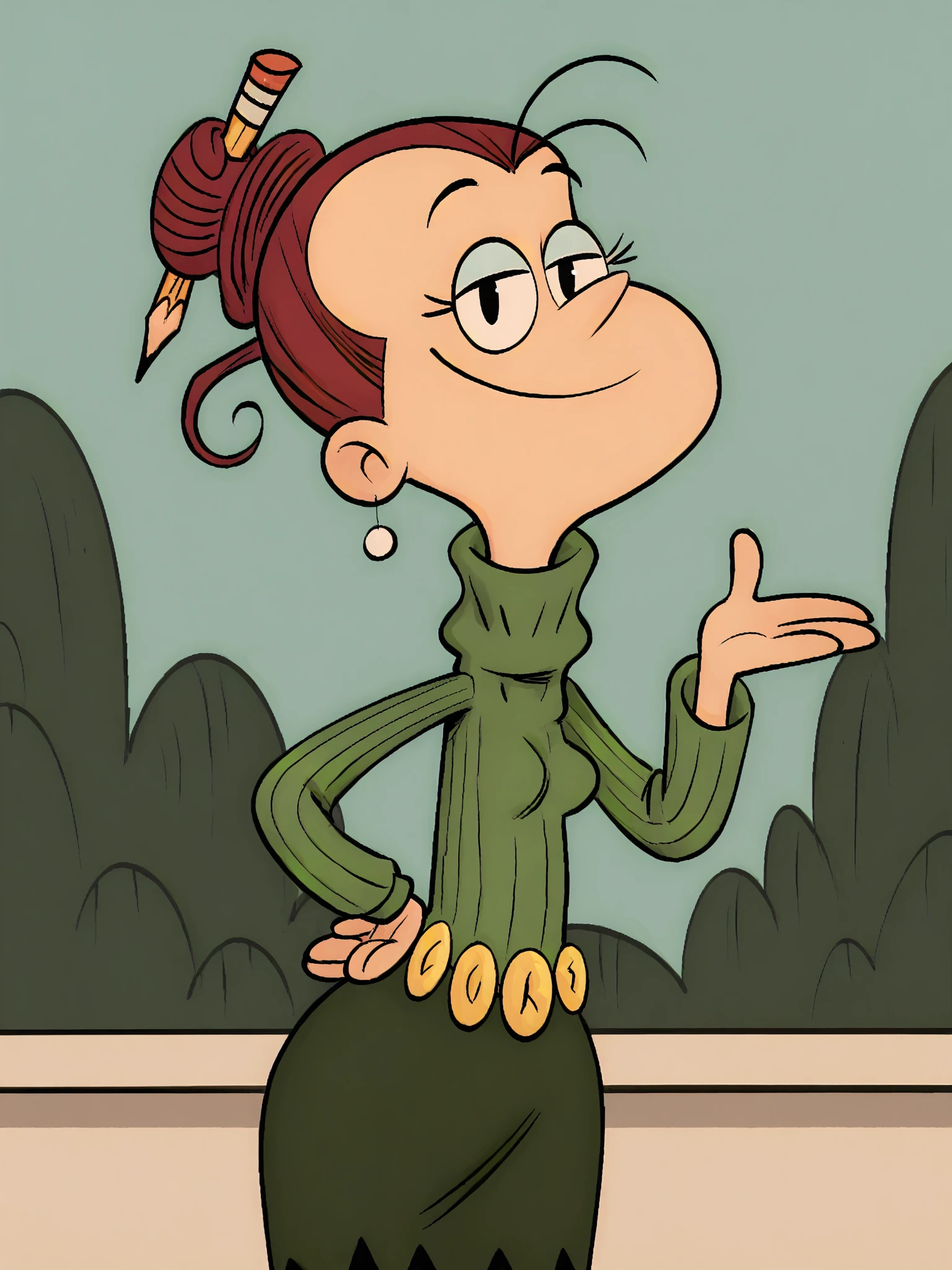 <lora:AgnesJohnsonPony1.0:1>agnesj, pencil in hair, turtleneck, solo, single hair bun, green sweater, belt, green skirt,smile, looking at viewer, hand on own hip,, score_9, score_8_up, score_7_up, score_6_up, score_5_up, score_4_up