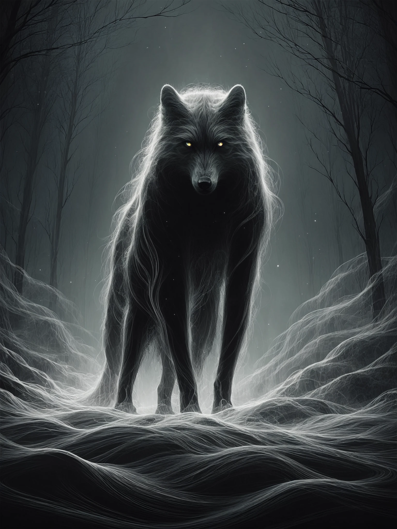score_9, score_8_up, score_7_up, black wolf in the forest, (dense fog:1.3), moonlight,looking at viewer, dynamic pose, cinematic shot, dramatic lighting <lora:Wisps_of_Light_Pony:0.7>
