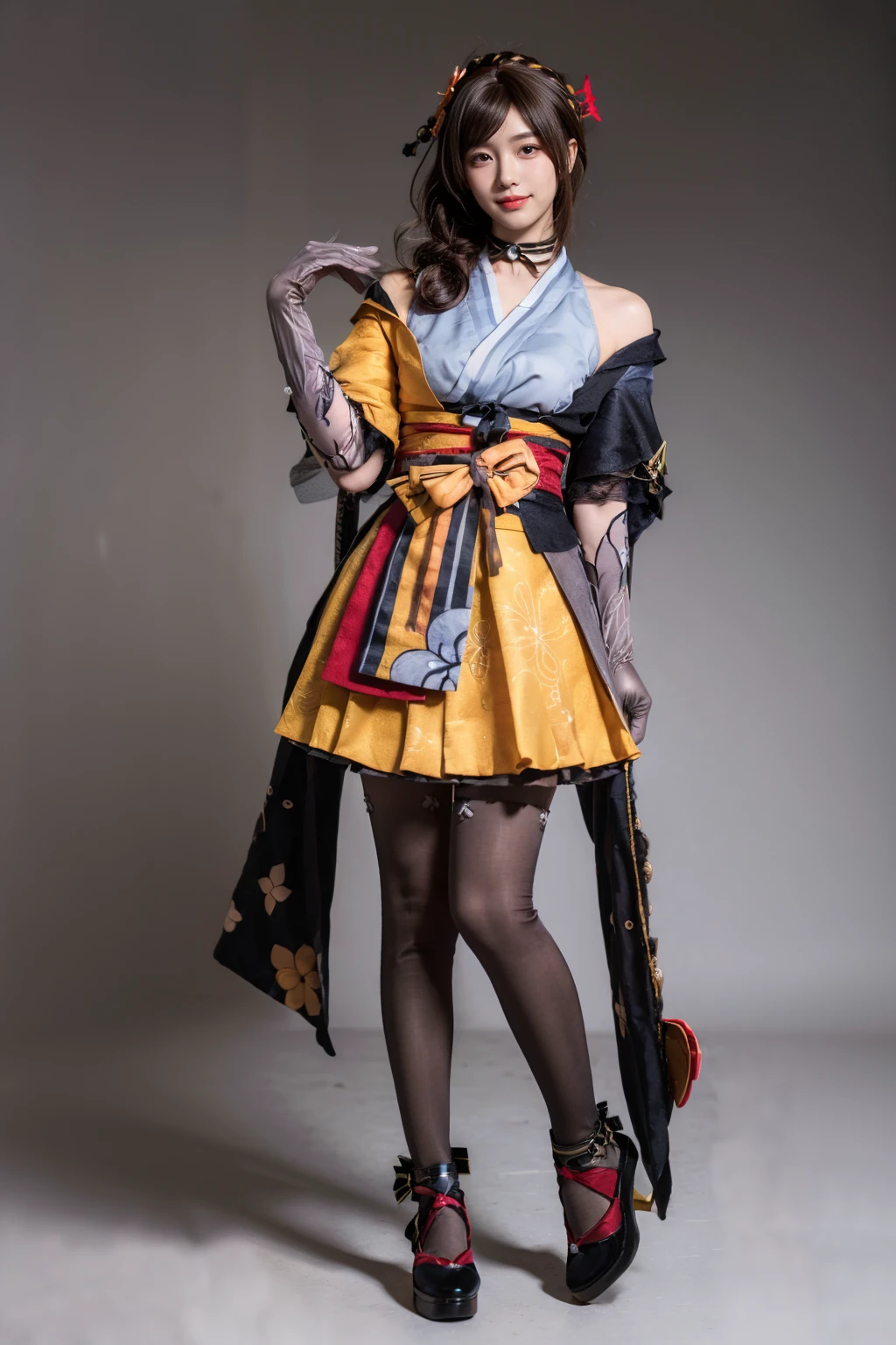 best quality, masterpiece, realistic, photorealistic, 1girl, solo, looking at viewer, smile, standing, full body, chiori cosplay costume, chiori, genshin impact, cosplay, brown hair, long hair, japanese clothes, kimono, hair ornament, hair flower, hair stick, choker, elbow gloves, gloves, flower, thighhighs, pantyhose, sash, obi, okobo, grey background, <lora:Genshin_Chiori_cosplay_v1:0.7>