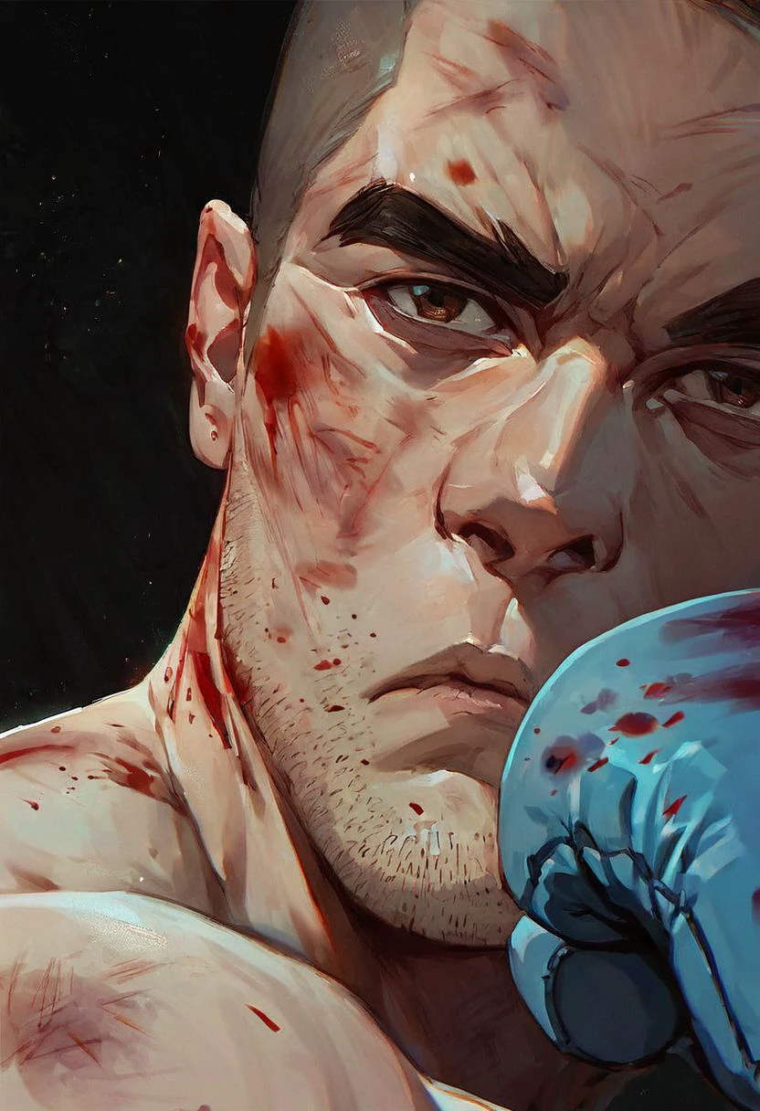 ((score_9, score_8_up, score_7_up)), 1boy, close-up portrait painting of Boxer, scowl, looking at viewer, brown eyes, shadows, stubble, bruised, blood, boxing gloves, black background