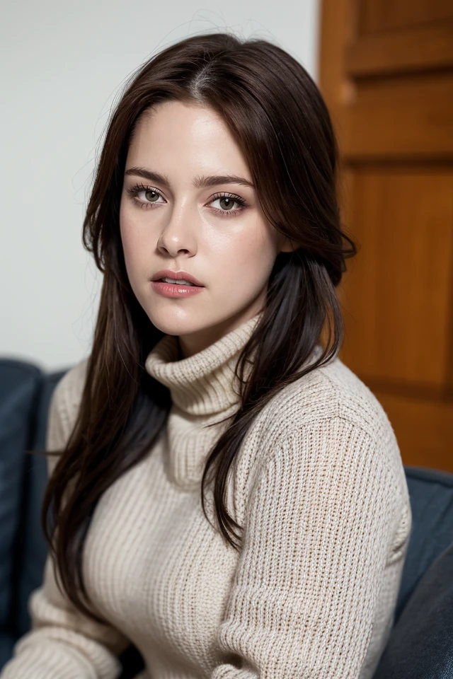 In the soft light of a photo studio, brunette with bright eyes and delicate makeup looks at the camera. Her hair is neatly styled, and on the neck the shine of a precious necklace.