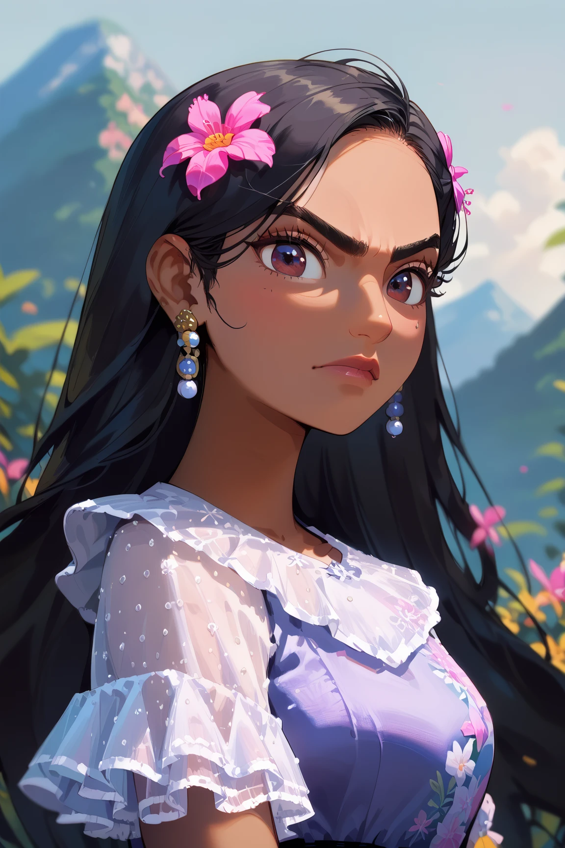 (source_anime, score_9, score_8_up, score_7_up:1), IsabelaMadrigal, 1girl, (masterpiece, best quality:1.2), angry, crossed arms,(depth of field:1.1), dress, flower on head, IsabelaMadrigal, close to a river, mountains, masterpiece, highness, perfect face, perfect picture, detailed eyes, sharp focus<lora:EMS-359458-EMS:0.800000>, <lora:EMS-365467-EMS:1.000000>