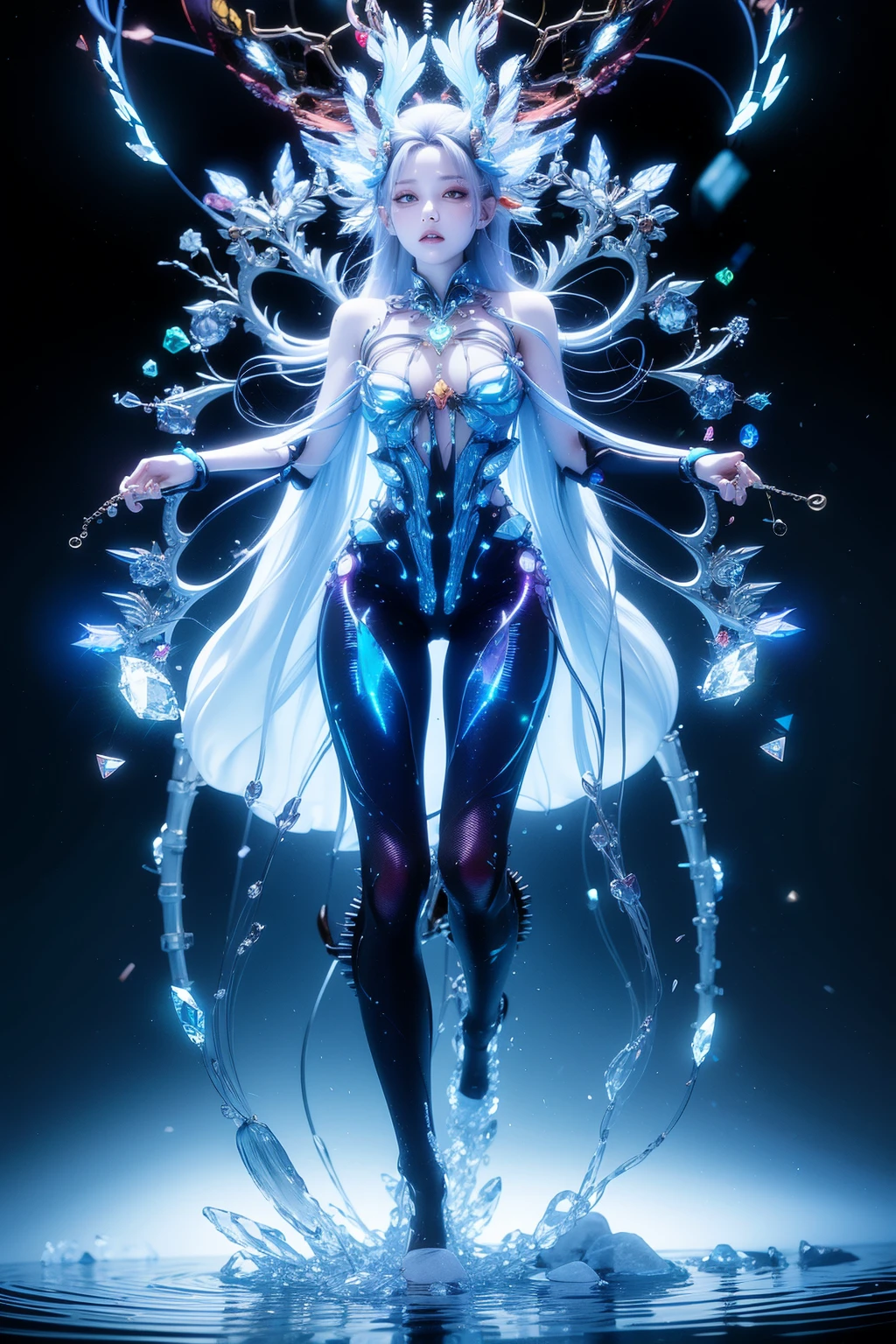 1girl,full body,(looking at viewer:1.4),crystal_background,from below,<lora:bingjing_fuyao768:0.8>,
machanical limbs,blood vessels connected to tubes,mechanical cervial attaching to neck,wires and cables connecting to head,