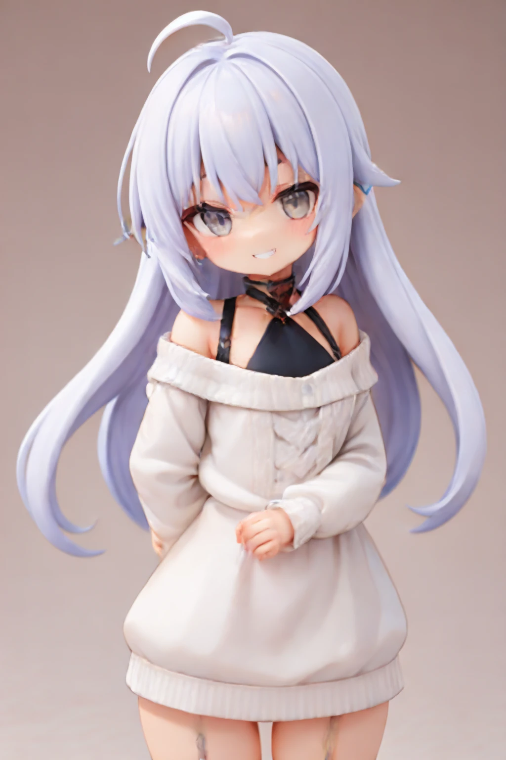 <lora:uchinokoset1sd15v2:0.9> masterpiece, best quality, very aesthetic, absurdres,(pvc,figure),offsho,lureina dress sweater,clavicle,cowboy shot, lilimliliy, grin, white hair, gray eyes, thick eyebrows