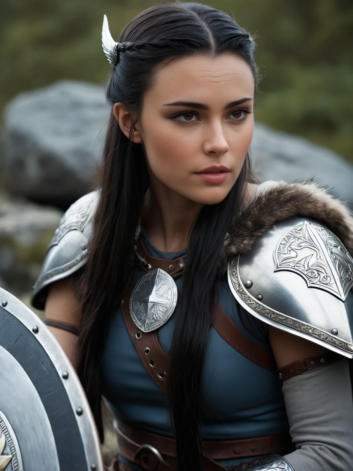 a girl with a blue eyes, black straight long hair, wearing a spartan female warrior armor, cinematic lighting, chromatic aberration, backlighting, masterpiece, high details, high quality, 4K.. Detailed eyes, detailed face, intricate grunge outfits, cinematic lighting, realistic concept art of strong backlighting.