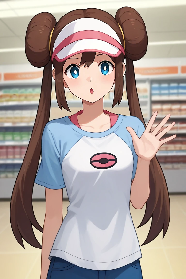 score_9, score_8_up, score_7_up, source_anime, rating_safe, intricate details, anime screencap, , , , depth of field, 1girl, solo, <lora:rosa_pokemon_pony:0.84>, rosa_pokemon, brown hair, blue eyes, long hair, twintails, hair bun, double bun, bangs, visor cap, , , , close-up, store, convenience store, indoors, waving, speaking, talking, , <lora:sdxl_lightning_8step_lora:1>