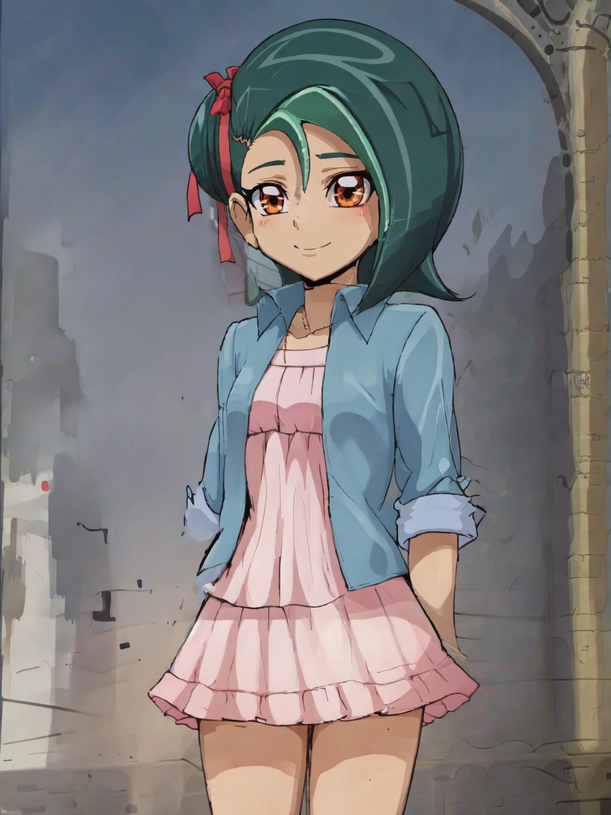SLE, mksks style, detailed background absurdres, highres, cowboy shot, solo, 1girl, <lora:Kotori Mizuki (Yu-Gi-Oh ZEXAL):1>, casual_4, standing, smile, looking away, blush, city, buildings, sidewalk, lamppost, outdoors, sunlight