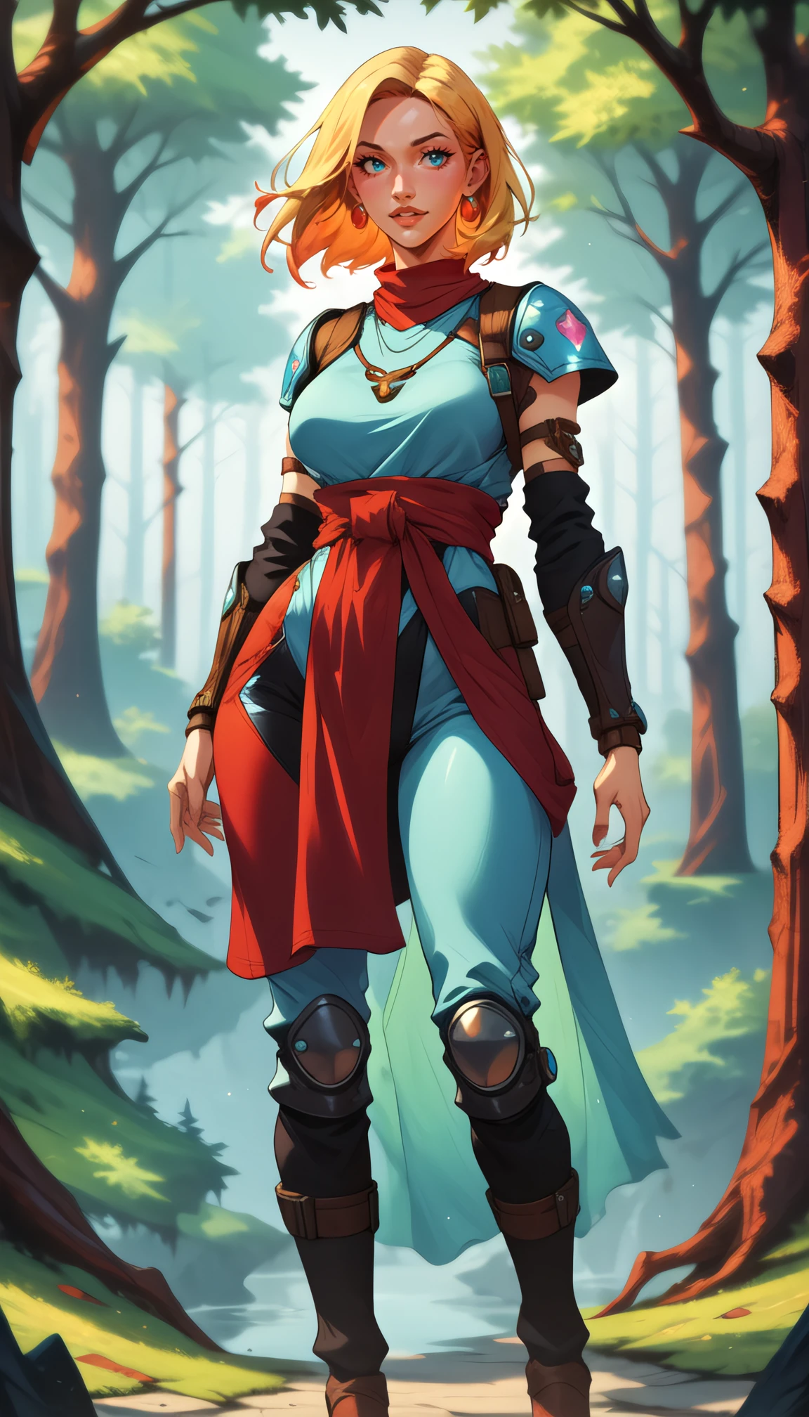 woman with short blonde hair, wearing blue adventurers tunic, walking in a forest, high quality, highly detailed, masterpiece, digital illustration, pg_rating