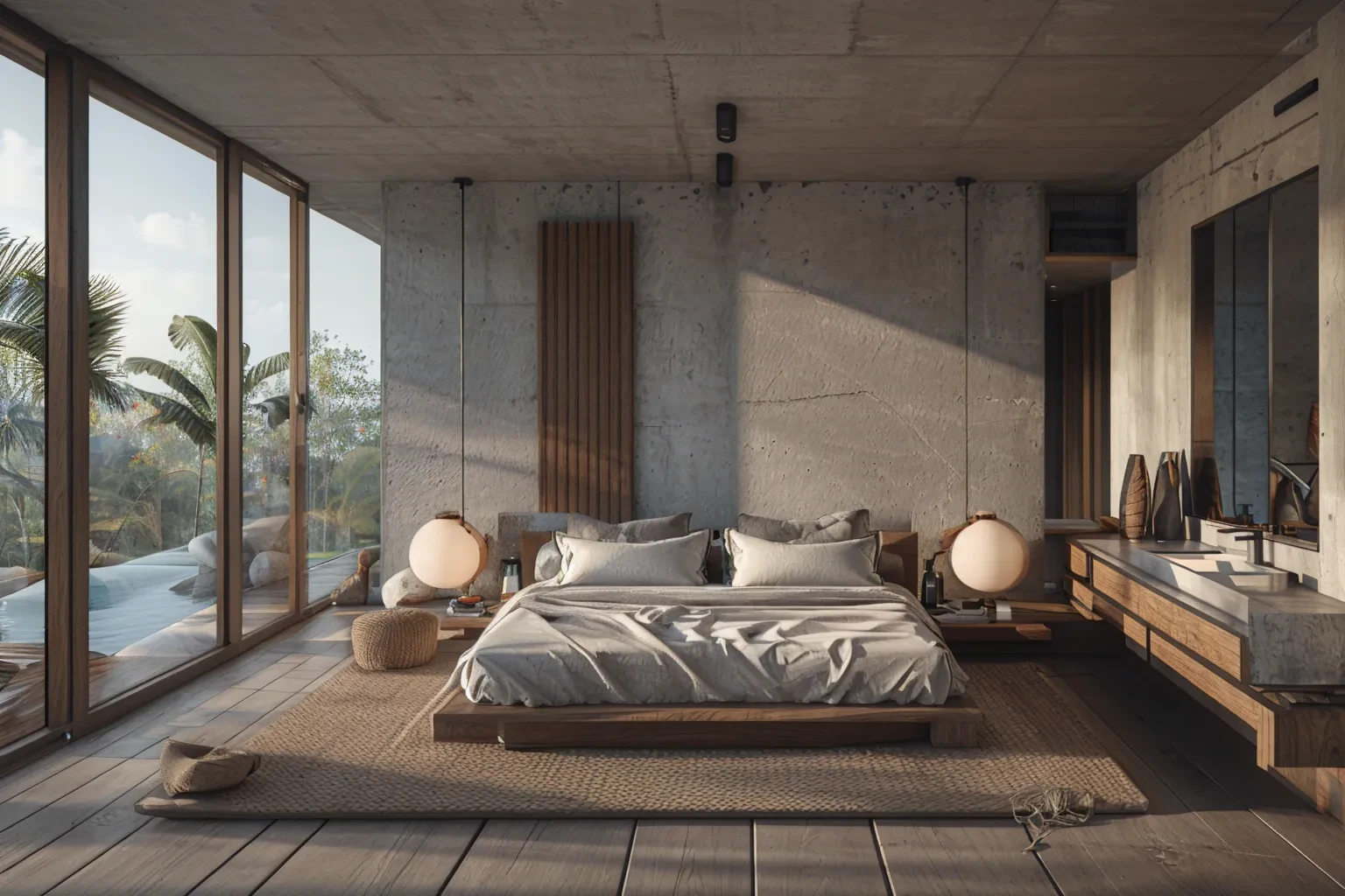 photo, interior, bedroom, tropical brutalism, bed, potted plan, aggregate concrete wall, aggregate concrete ceiling, (rustic:0.4), wooden furniture,  <lora:AIDVN_tropical_brutalism_interior:0.8>