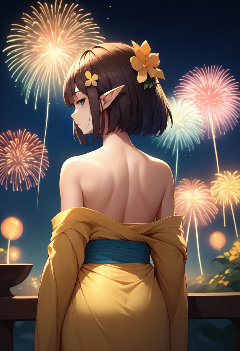 score_9, score_7_up, score_8_up, solo, source_anime, from behind, solo, 1girl, eunectesdef, expressionless, looking back, pointy ears, hair flower, yellow kimono, off shoulder, bare shoulders, fireworks <lora:arknights_eunectes_ponyXL:1>