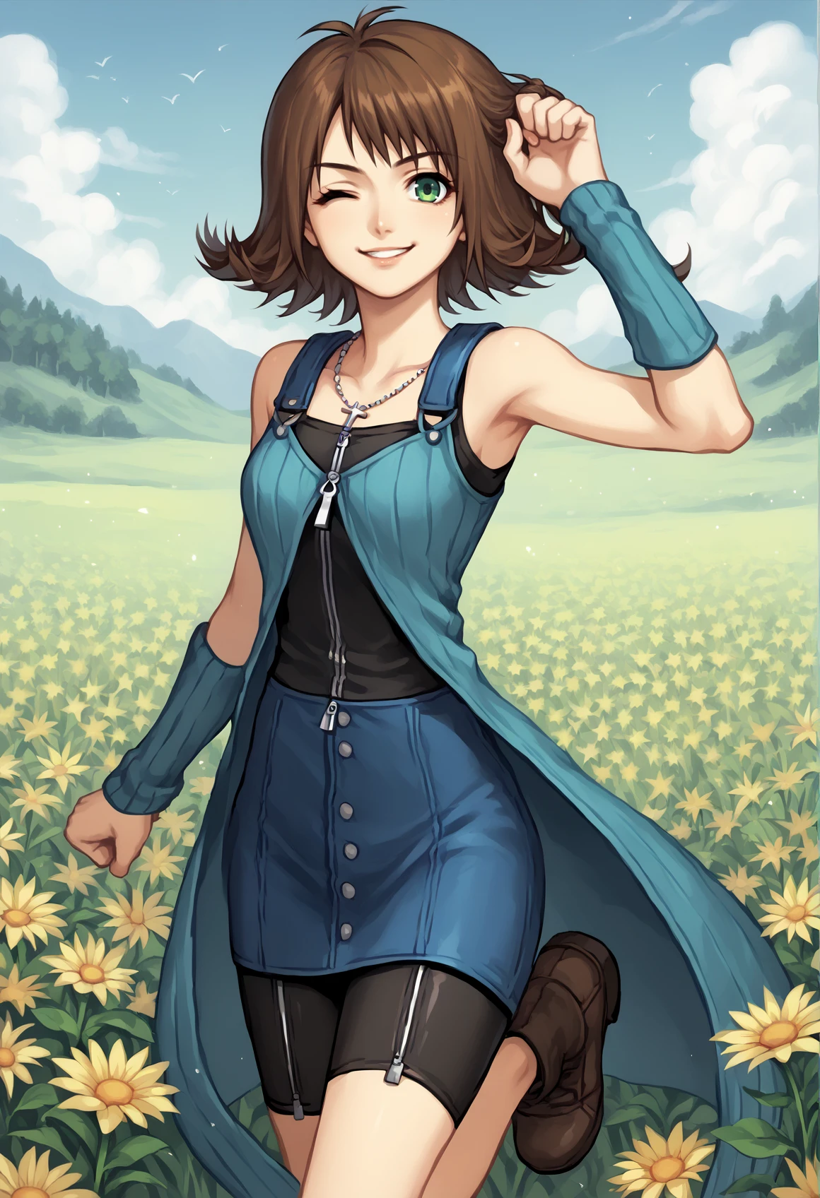 1girl, solo, short hair, brown hair, green eyes, <lora:Selphie:1> necklace, jewelry, blue coat, sleeveless, armlet, ribbon, arm warmers, skirt, bike shorts, buttons, zipper, Cross-Laced Footwear, wink, on one leg, arm up, clenched hand, looking at viewer, cowboy shot, flower field, hand on hair, smile <lora:Rinoa_XL:1>, score_9, score_8_up, score_7_up, score_6_up, score_5_up, score_4_up, BREAK source_anime, masterpiece