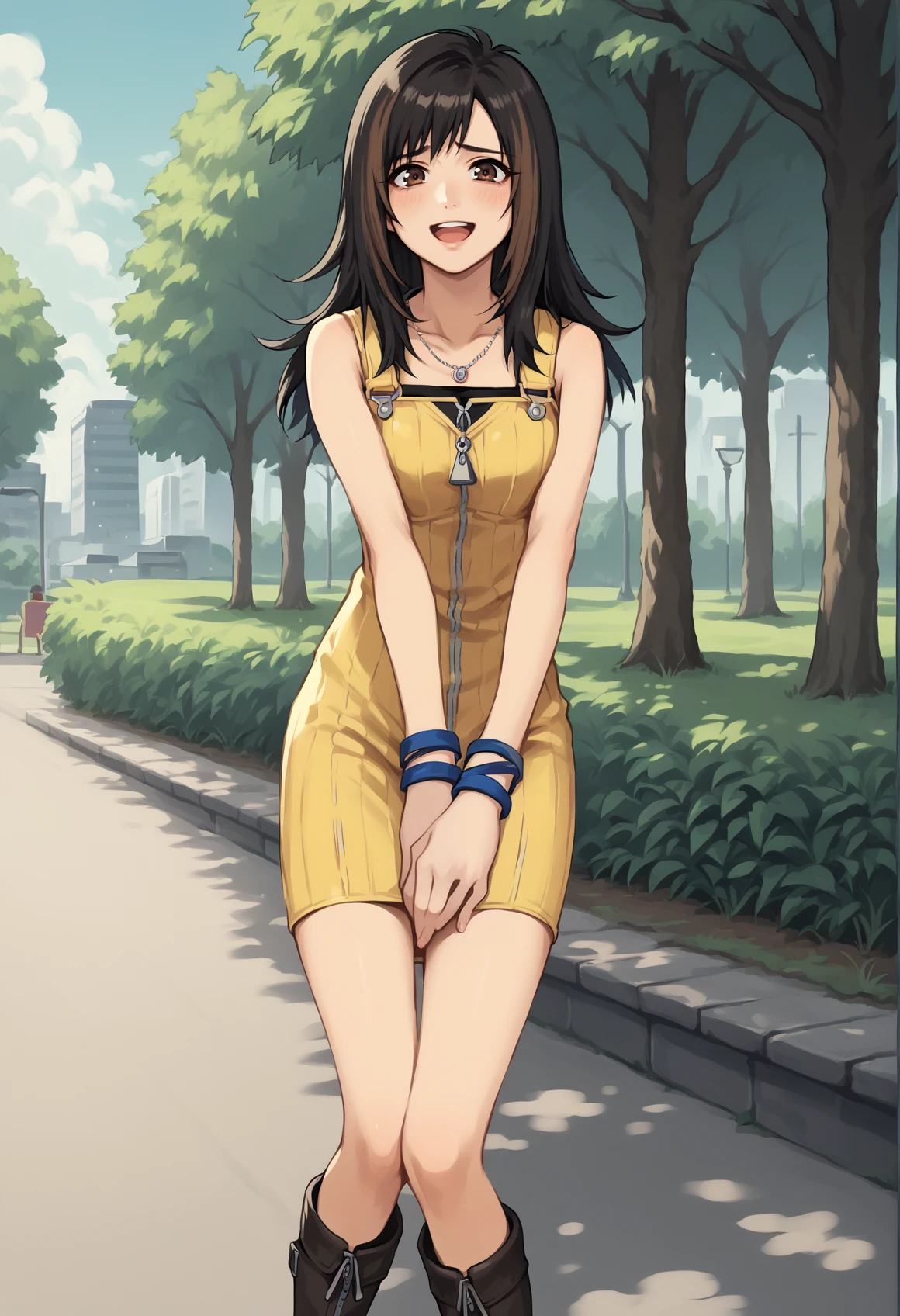 1girl, solo, necklace, yellow dress, zipper, wristband, jewelry<lora:Selphie:0.8> long hair, Two-Tone Hair, black hair, streaked hair, brown hair, brown eyes, necklace, jewelry, outdoors, park, covering crotch, blushing, looking at viewer, nervous smile, open mouth, cowboy shot, thighs, boots, full body, miniskirt <lora:Rinoa_XL:1>, score_9, score_8_up, score_7_up, score_6_up, score_5_up, score_4_up, BREAK source_anime, masterpiece