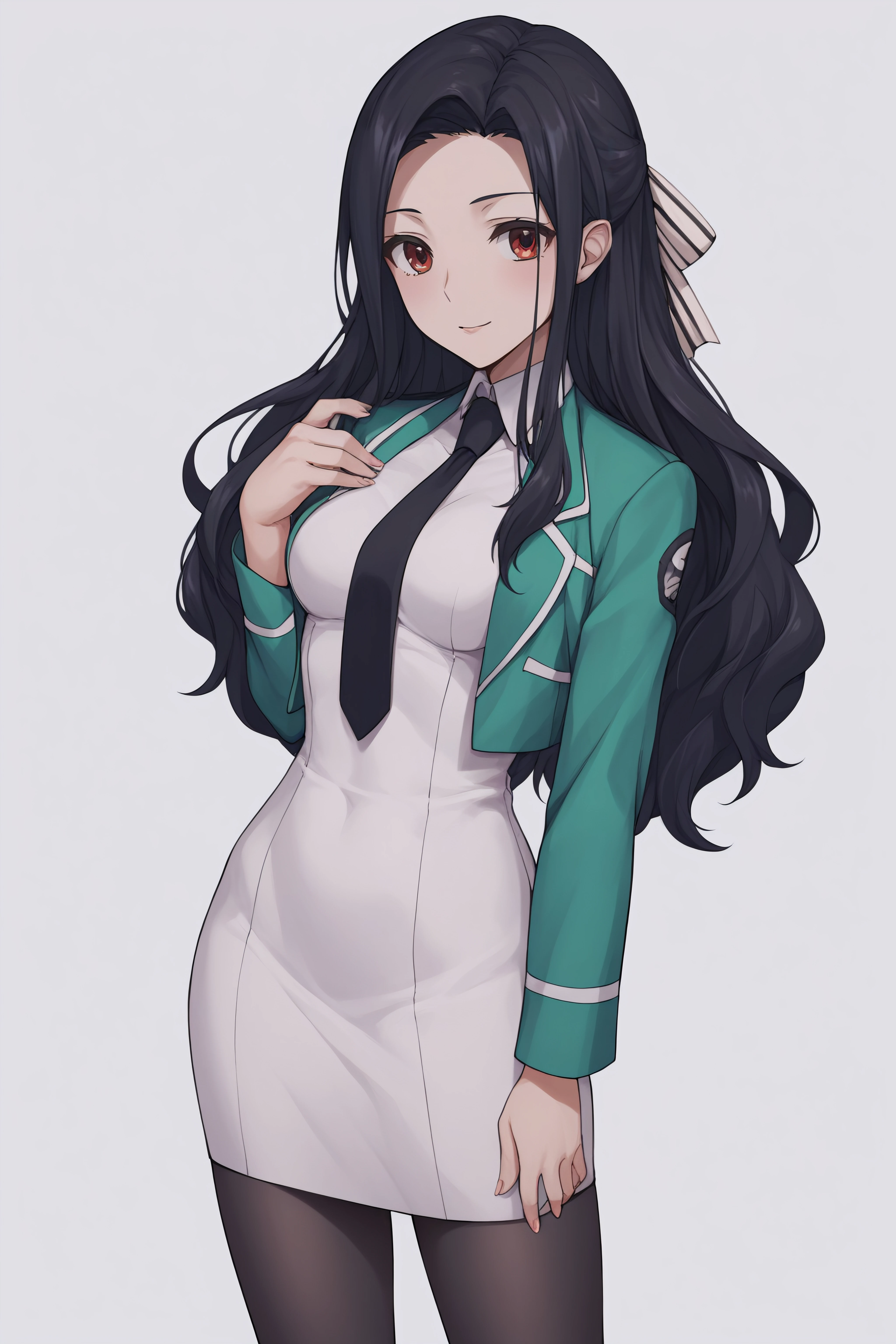 score_9, score_8_up, score_7_up, BREAK source_anime, <lora:Mayumi Saegusa-PonyXL-lora-Faxtron:0.8> mayumi saegusa, long hair, medium breasts, striped ribbon, cropped green jacket, long sleeves, white dress, black necktie, pantyhose,