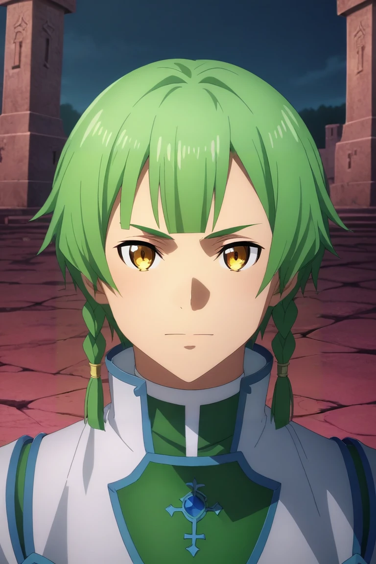 score_9, score_8_up, score_7_up, source_anime, rating_safe, intricate details, anime screencap, anime coloring, , , , 1boy, solo, male focus, <lora:renly_sao_pony:0.88>, renly_sao, green hair, yellow eyes, short hair, braid, bangs, twin braids, sidelocks, symmetry, cemetery, day, sunny, arm support, happy, , <lora:sdxl_lightning_8step_lora:1>