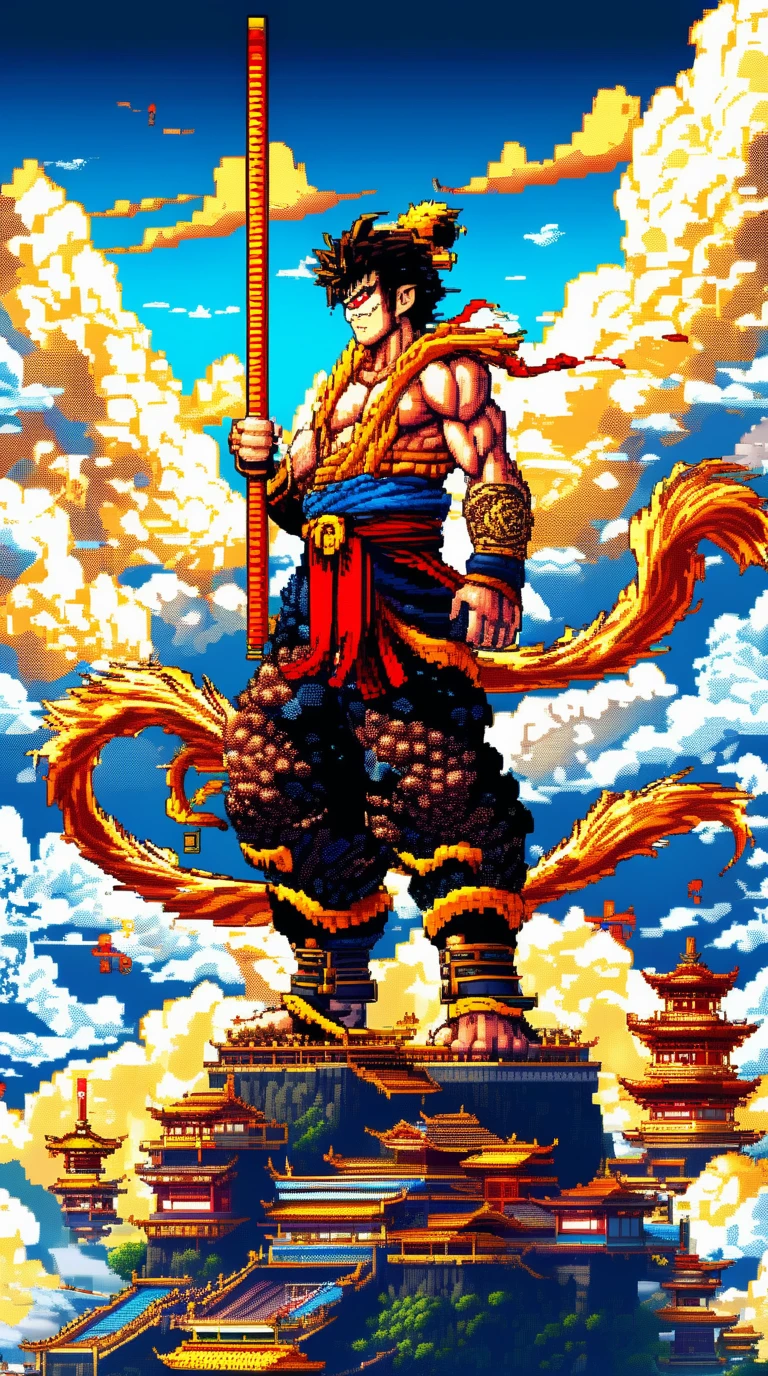 wukong on the cloud, comic, masterpiece, Pixel Art, highly detailed <lora:pixel_art_lora:1>