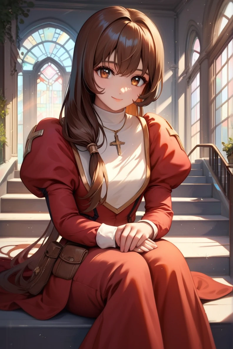 score_9, score_8_up, score_7_up, very aesthetic, source_anime, detailed, high quality, beautiful, masterpiece, detailed eyes,
indoor, stairs, light beams
<lora:lightXL:0.8>
sitting, looking at viewer, light smile,
cowboy shot, upper body,
<lora:ericaF_autismConfetti_v03:0.95>
brown hair, brown eyes, long hair, low tied hair, bangs, sidelocks, red dress, puffy sleeves, long sleeves, brown boots, long dress,, zPDXL