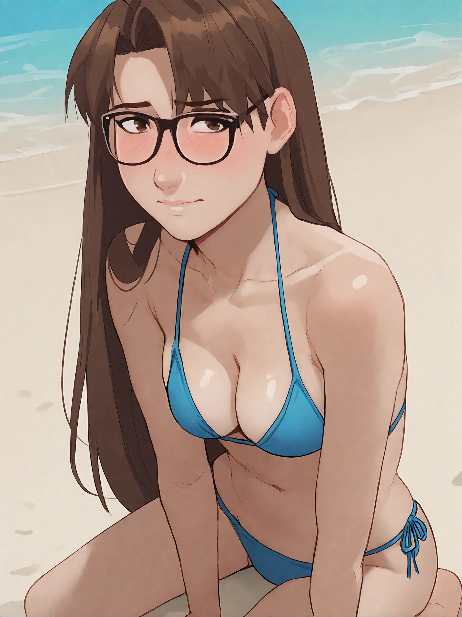 <lora:Lilandava_PDXL:1>,<lora:yomi:0.9>,yomi,glasses,brown hair,1girl,solo,long hair,brown eyes,bikini,beach,blushing,source_cartoon,score_9_up,score_8_up,