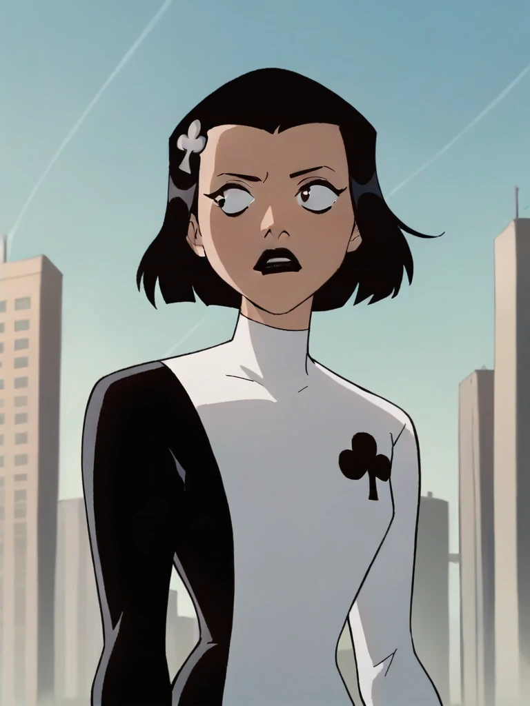 <lora:AcePony1.0:0.85> ace, 1girl, black hair, solo, white leotard, short hair, hairclip, black lipstick, long sleeves, bob cut, looking to the side,simple background, upper body, cowboy shot,score_9, score_8_up, score_7_up, score_6_up, score_5_up, score_4_up city, cityscape,