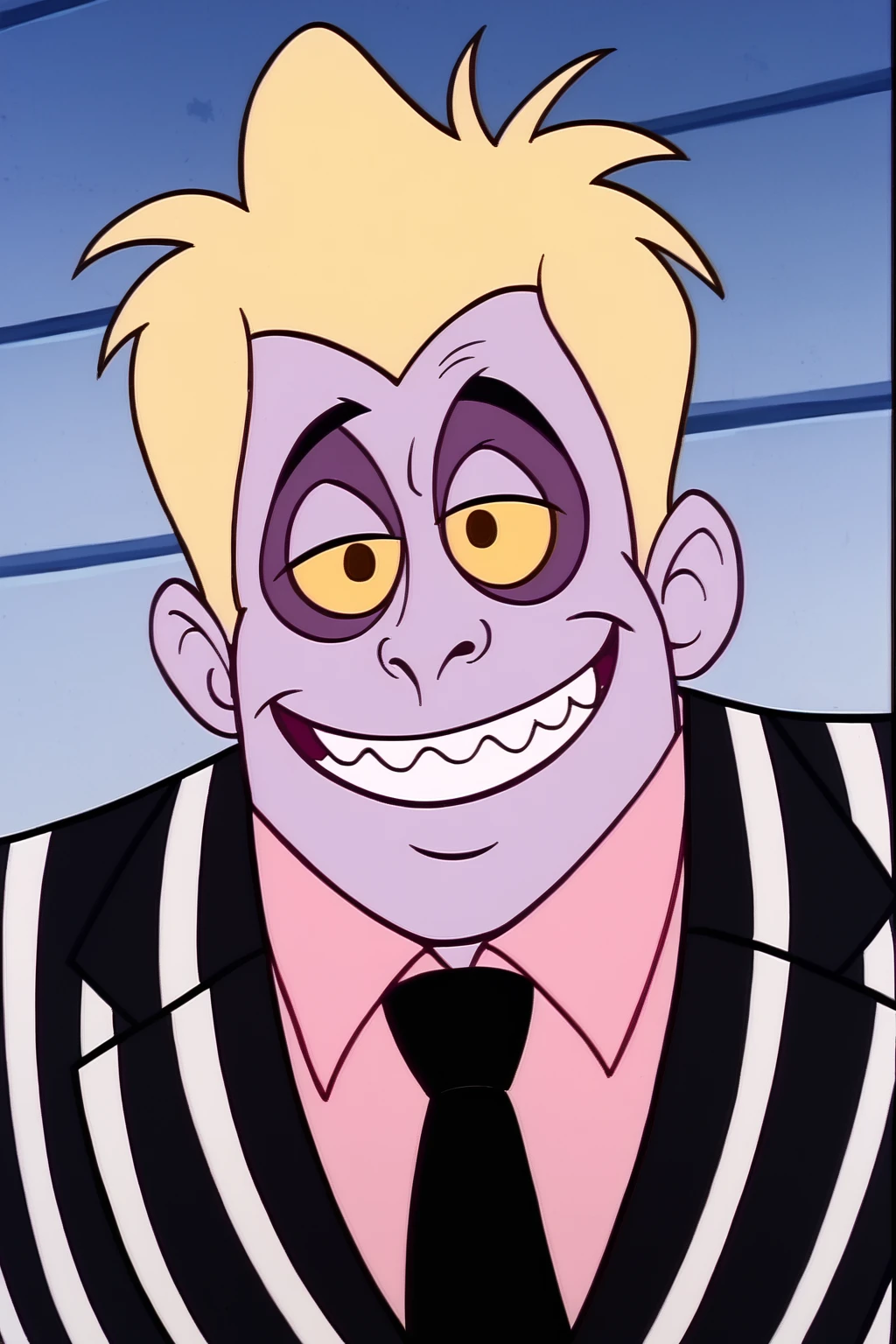 PonyXLV6_Scores , bugjuice style, solo, striped suit, collard shirt, pink shirt, tie, 1boy, teeth, shirt, smile, striped, grin, male focus, blonde hair, colored sclera, yellow sclera, purple skin, yellow eyes, colored skin, <lora:BugJuicePDXL:1>