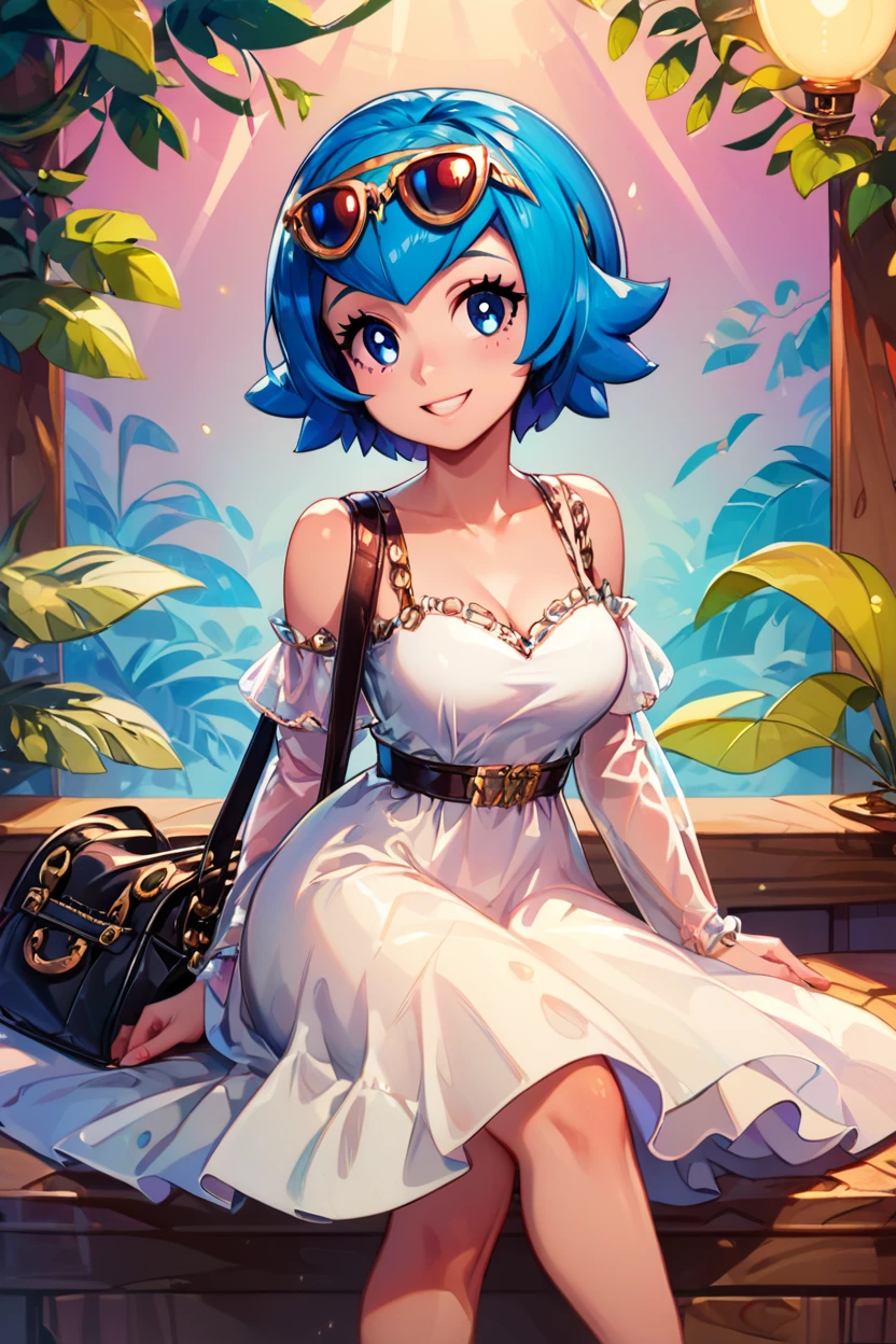 score_9, score_8_up, score_8, medium breasts, (curvy), cute, eyelashes, zzLana, smile, cowboy shot, looking at viewer,, with ((a-line bob haircut)) wearing a (ruffled blouse) at a cafe, white dress, black sandals, dark sunglasses, textured fabric, sheer sleeves, leather bag wooden structure, blurred greenery, natural daylight sitting, leaning slightly, smiling golden hour, plasma, atmospheric, flowing, (abstract:1.3) by, <lora:LanaP3:0.8>, <lora:Vivid:0.7>, <lora:princess_xl_v2:0.6>, embedding:zPDXL,