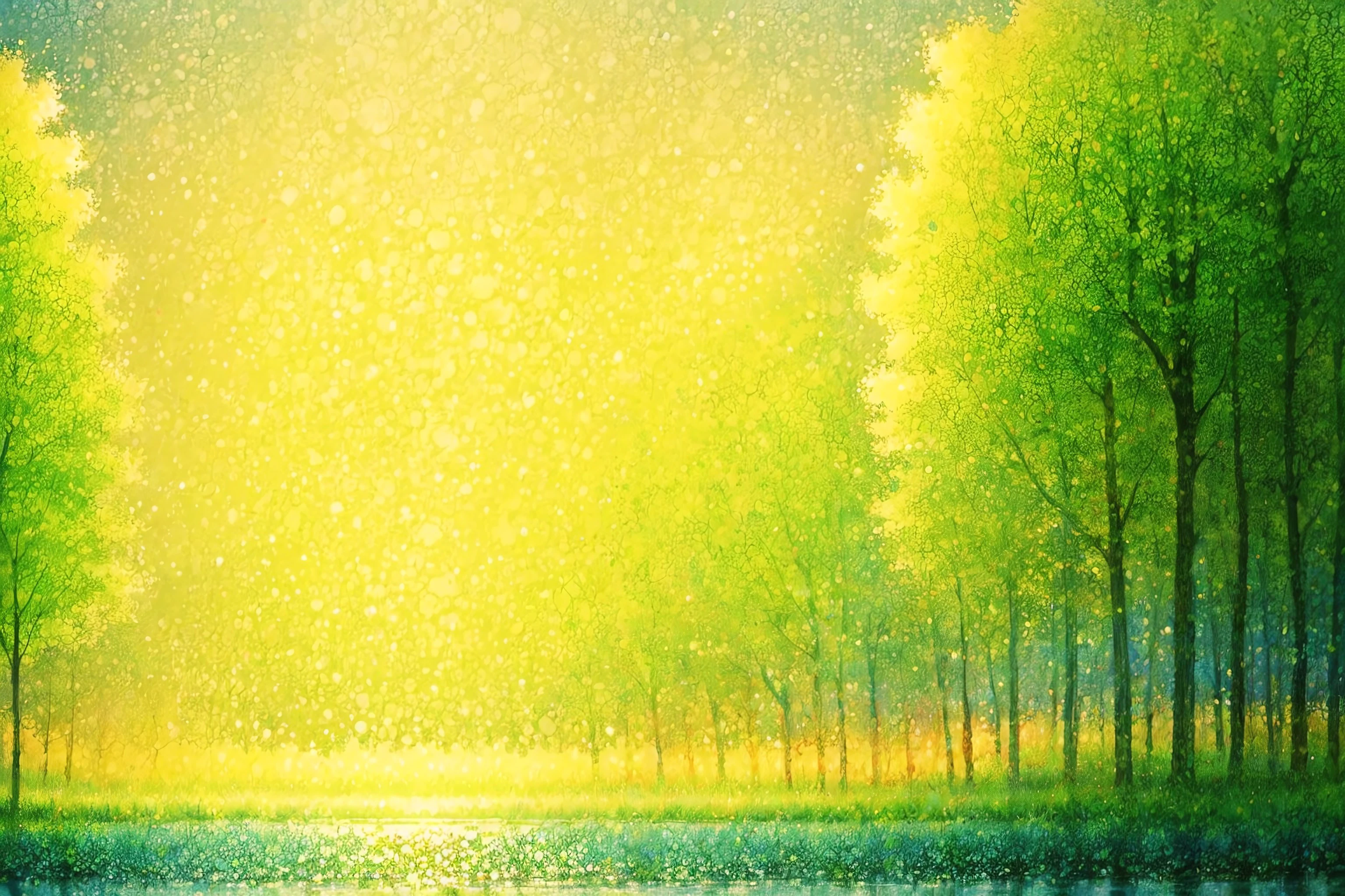 (masterpiece, top quality, best quality, official art, beautiful and aesthetic:1.2), divinesplatter, green trees next to a pond, yellow light in the sky <lora:DivineSplatter:2.0>