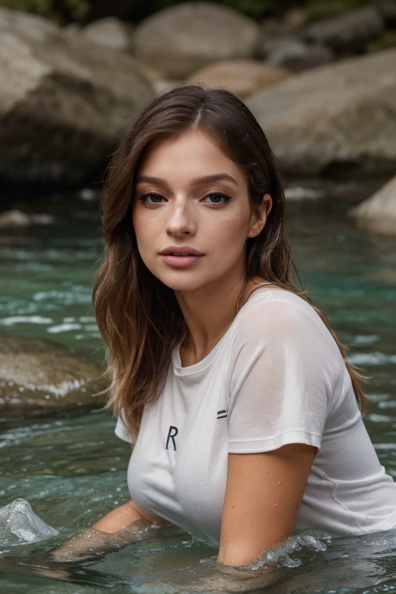 portrait of S283_MartinaMink,a beautiful woman,in a (river:1.1),wearing a (crewneck:1.1),(wet-hair),(4k, RAW photo, best quality, depth of field, ultra high res:1.1),(absurdres, intricate, photorealistic, masterpiece, ultra-detailed:1.1),